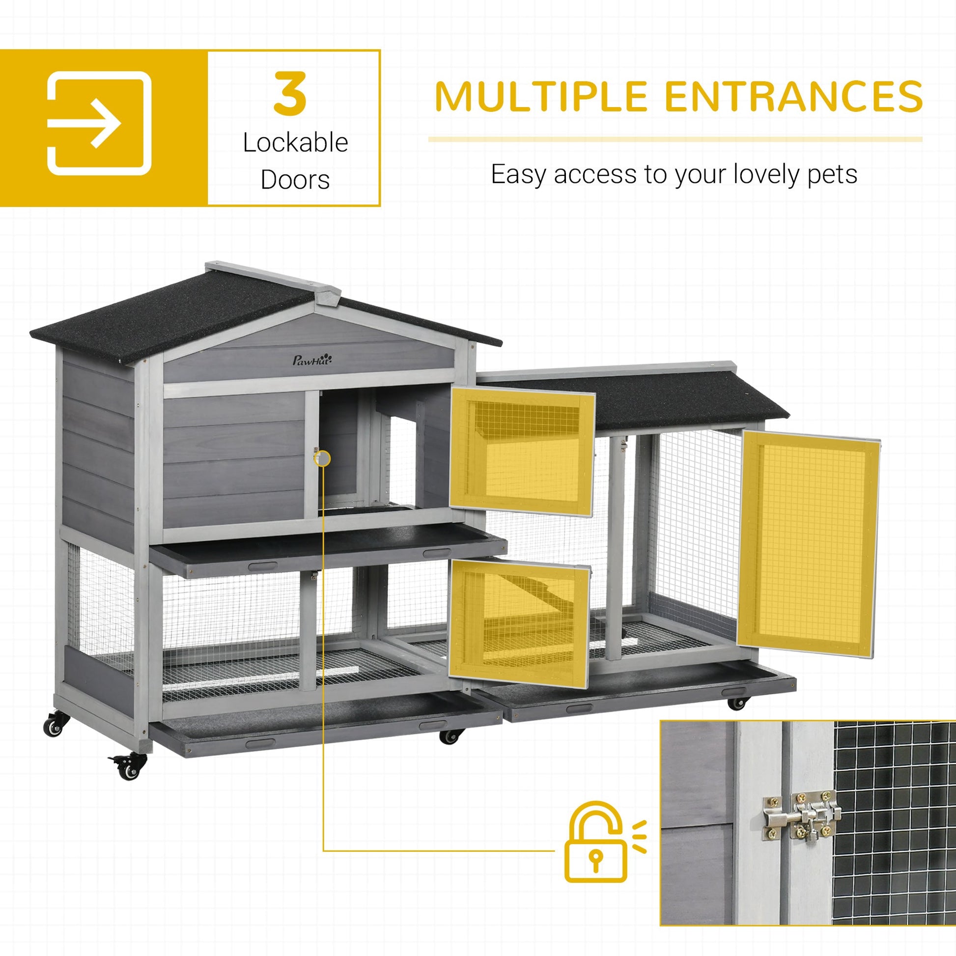 Rabbit Hutch Outdoor with Run Guinea Pig Hutch 2-Tier Bunny Cage w/ Wheels No-Leak Plastic Tray 157.4 x 53 x 99.5 cm - Grey