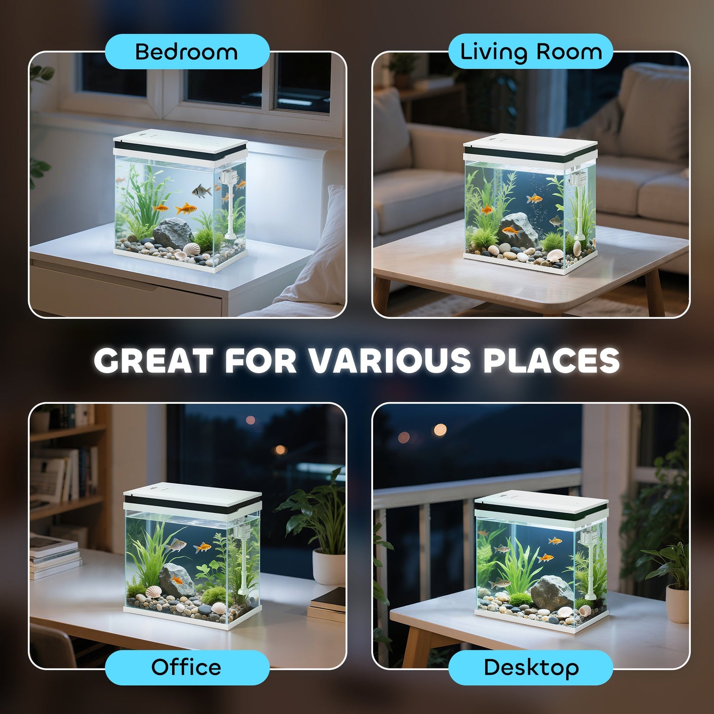 Fish Tank, 14L Glass Aquarium with Filter System, LED Lights, Water Pump, Betta Fish Tank for Goldfish, Shrimps, White