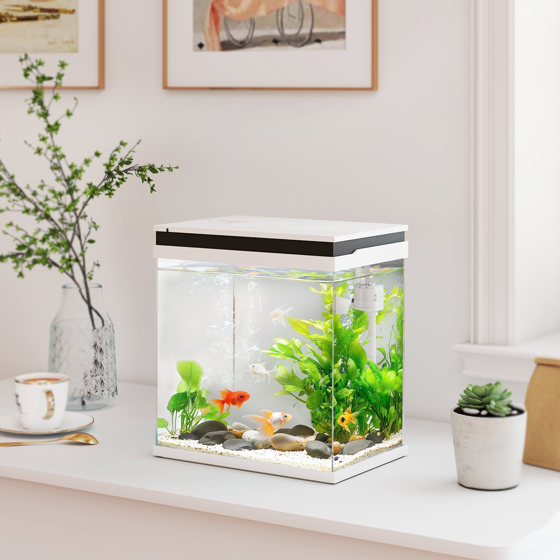 Fish Tank, 14L Glass Aquarium with Filter System, LED Lights, Water Pump, Betta Fish Tank for Goldfish, Shrimps, White