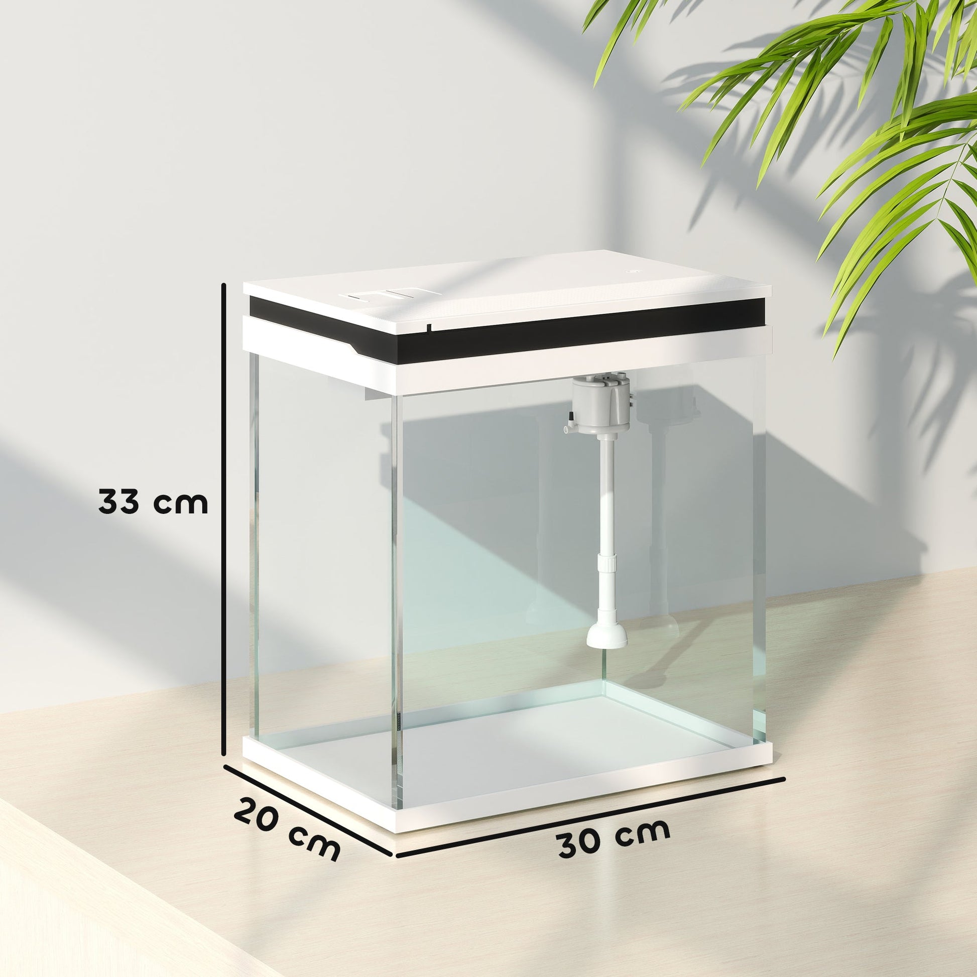 Fish Tank, 14L Glass Aquarium with Filter System, LED Lights, Water Pump, Betta Fish Tank for Goldfish, Shrimps, White