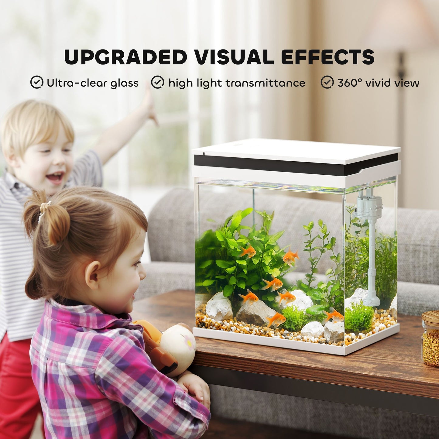Fish Tank, 14L Glass Aquarium with Filter System, LED Lights, Water Pump, Betta Fish Tank for Goldfish, Shrimps, White