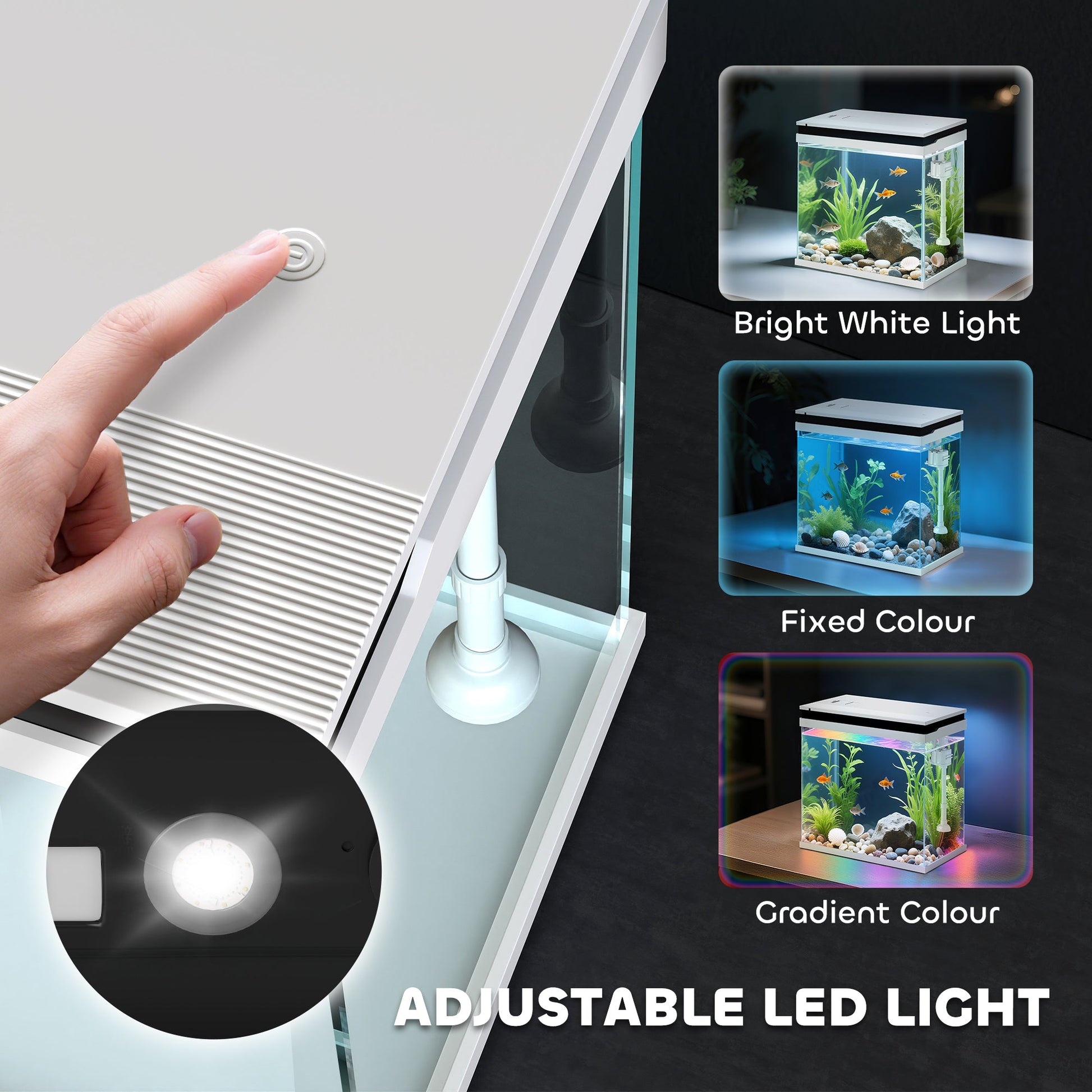 Fish Tank, 14L Glass Aquarium with Filter System, LED Lights, Water Pump, Betta Fish Tank for Goldfish, Shrimps, White