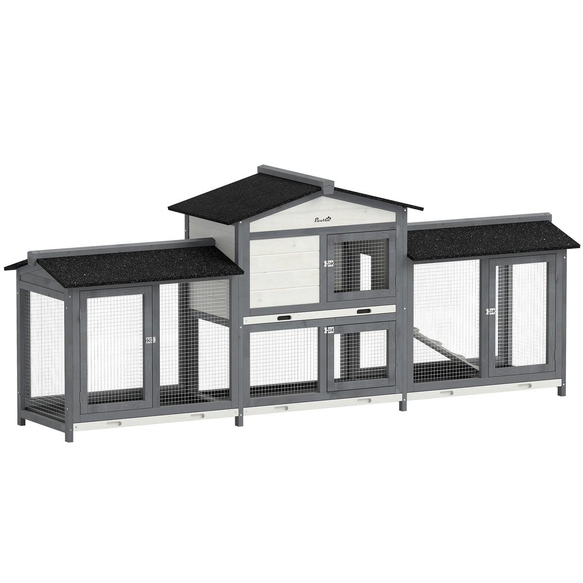 Large Rabbit Hutch, 2-Tier Wooden Guinea Pig Hutch with Double Side Run Boxes, Outdoor Bunny Cage Hide House with Waterproof Roof, Sliding Tray, Ramp, 230 x 53 x 93.5cm, Light Grey