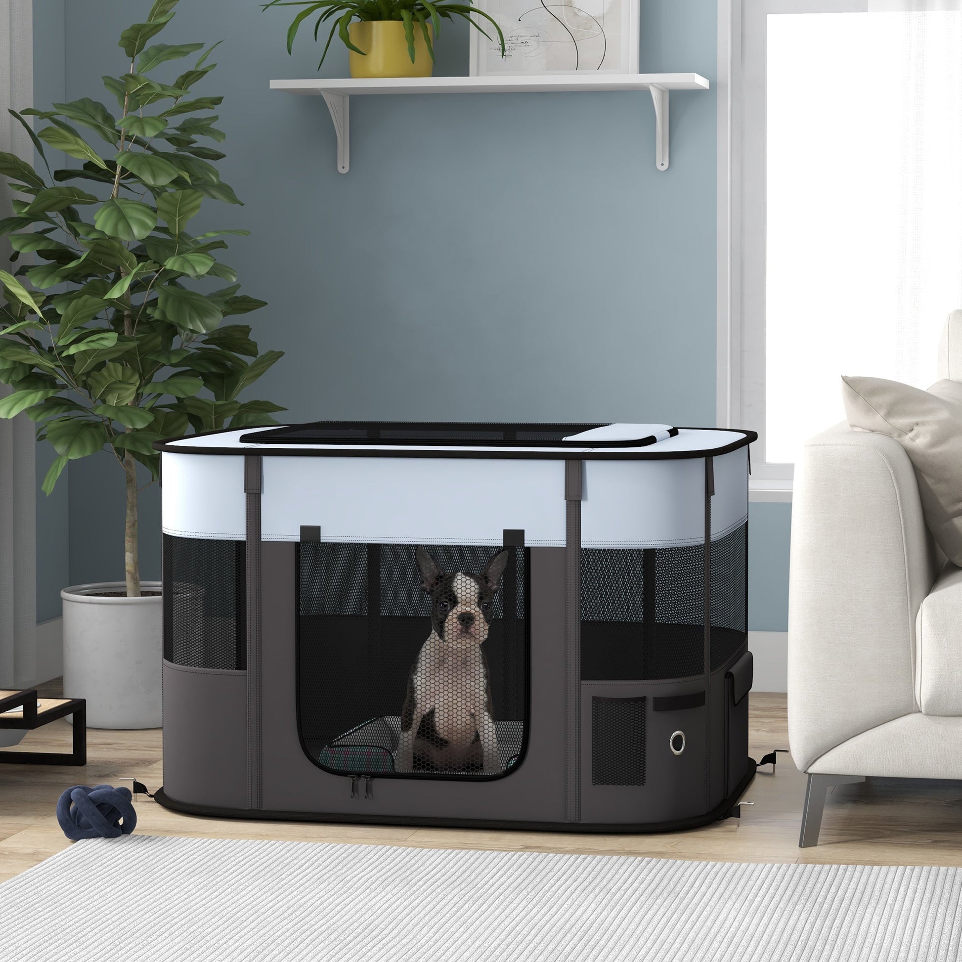 Dog Pen, Pet Playpen, Portable Foldable Dog Cat Playpen Soft Pet Cage with Storage Bag for Puppies, Rabbits, Kittens, Guinea Pigs, 94 x 74 x 60cm - Grey