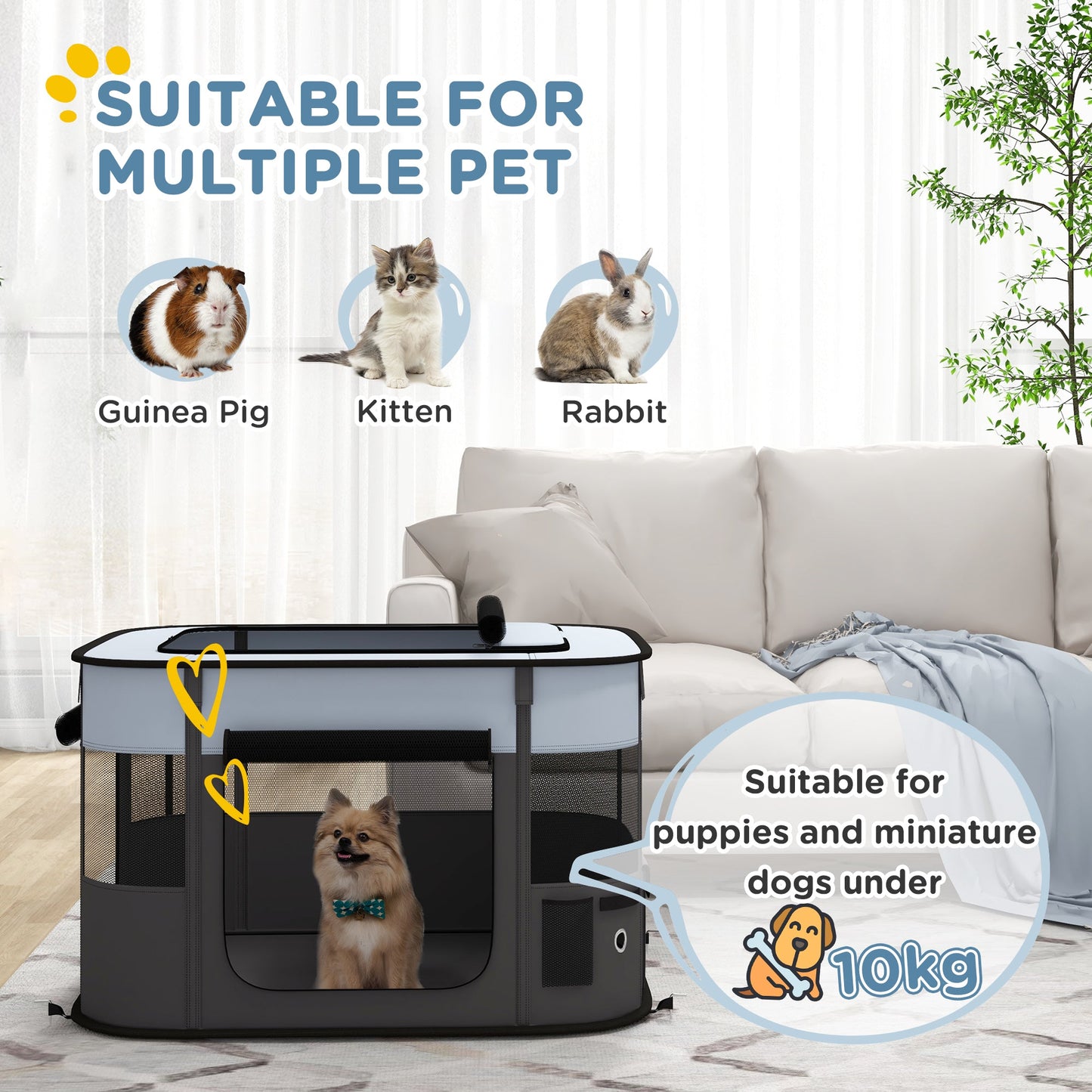 Dog Pen, Pet Playpen, Portable Foldable Dog Cat Playpen Soft Pet Cage with Storage Bag for Puppies, Rabbits, Kittens, Guinea Pigs, 94 x 74 x 60cm - Grey