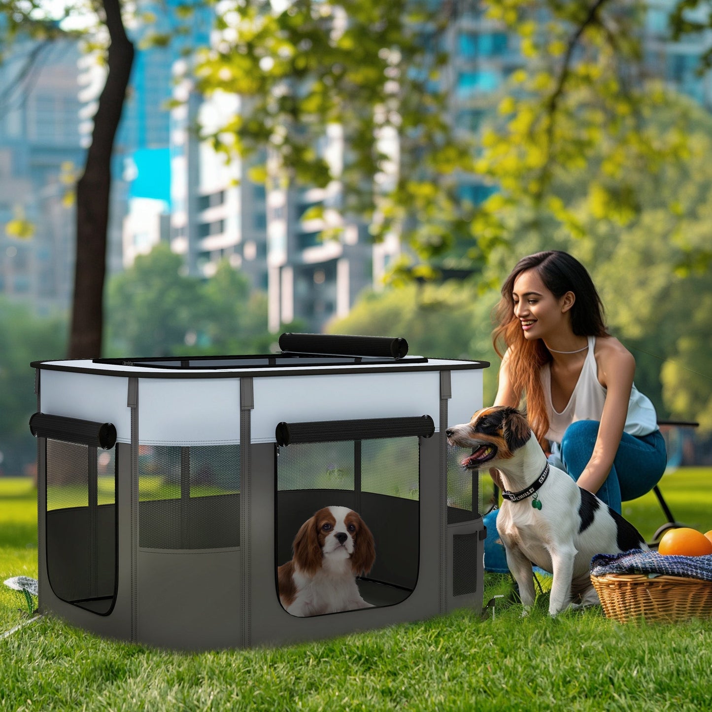 Dog Pen, Pet Playpen, Portable Foldable Dog Cat Playpen Soft Pet Cage with Storage Bag for Puppies, Rabbits, Kittens, Guinea Pigs, 94 x 74 x 60cm - Grey