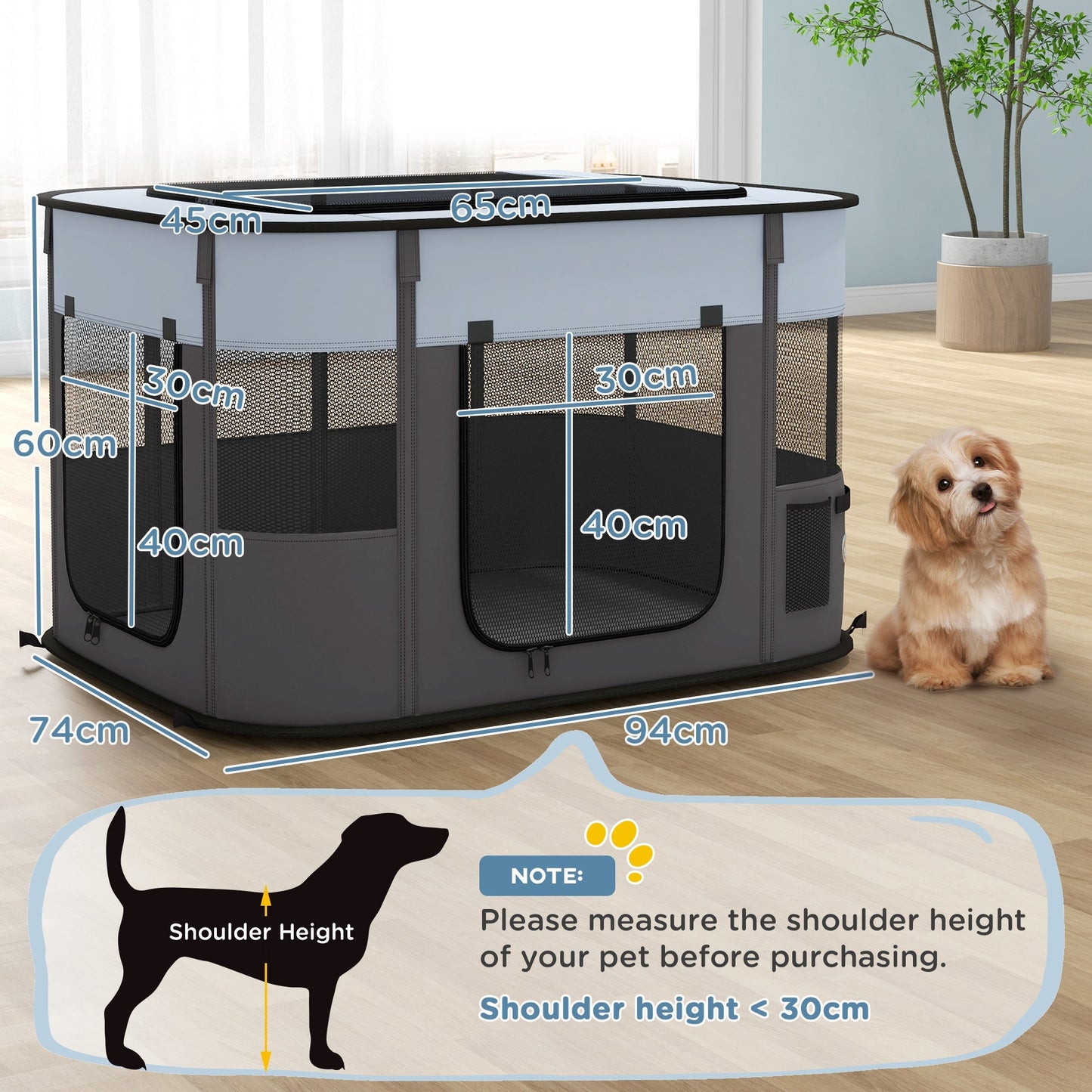 Dog Pen, Pet Playpen, Portable Foldable Dog Cat Playpen Soft Pet Cage with Storage Bag for Puppies, Rabbits, Kittens, Guinea Pigs, 94 x 74 x 60cm - Grey