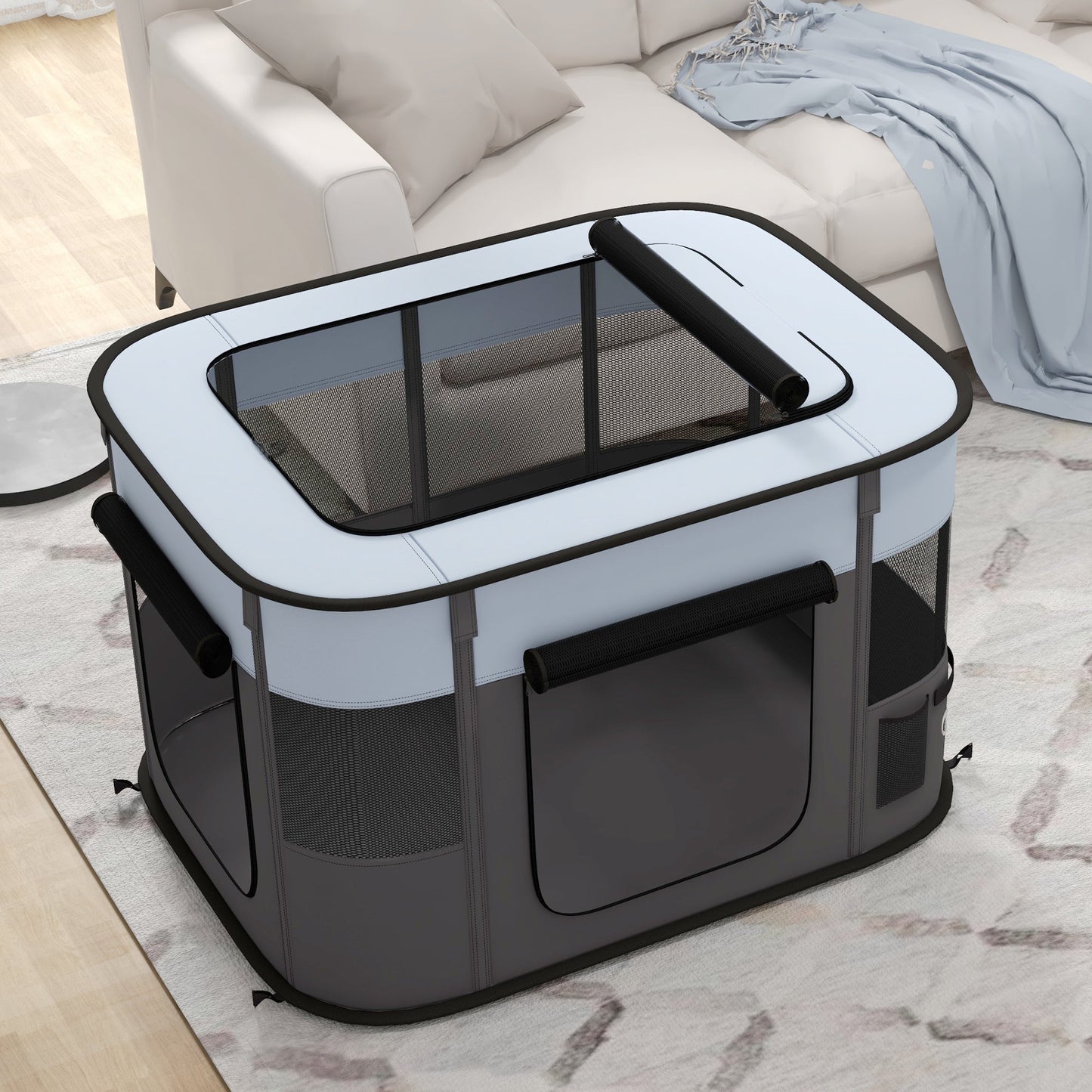 Dog Pen, Pet Playpen, Portable Foldable Dog Cat Playpen Soft Pet Cage with Storage Bag for Puppies, Rabbits, Kittens, Guinea Pigs, 94 x 74 x 60cm - Grey