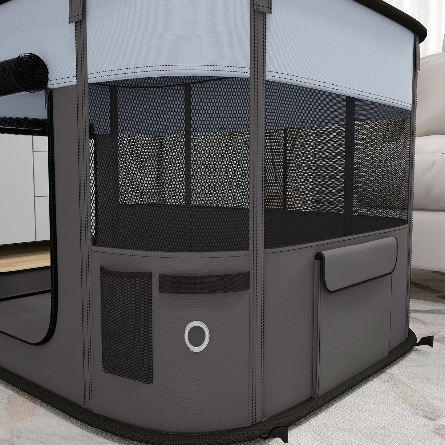 Dog Pen, Pet Playpen, Portable Foldable Dog Cat Playpen Soft Pet Cage with Storage Bag for Puppies, Rabbits, Kittens, Guinea Pigs, 94 x 74 x 60cm - Grey