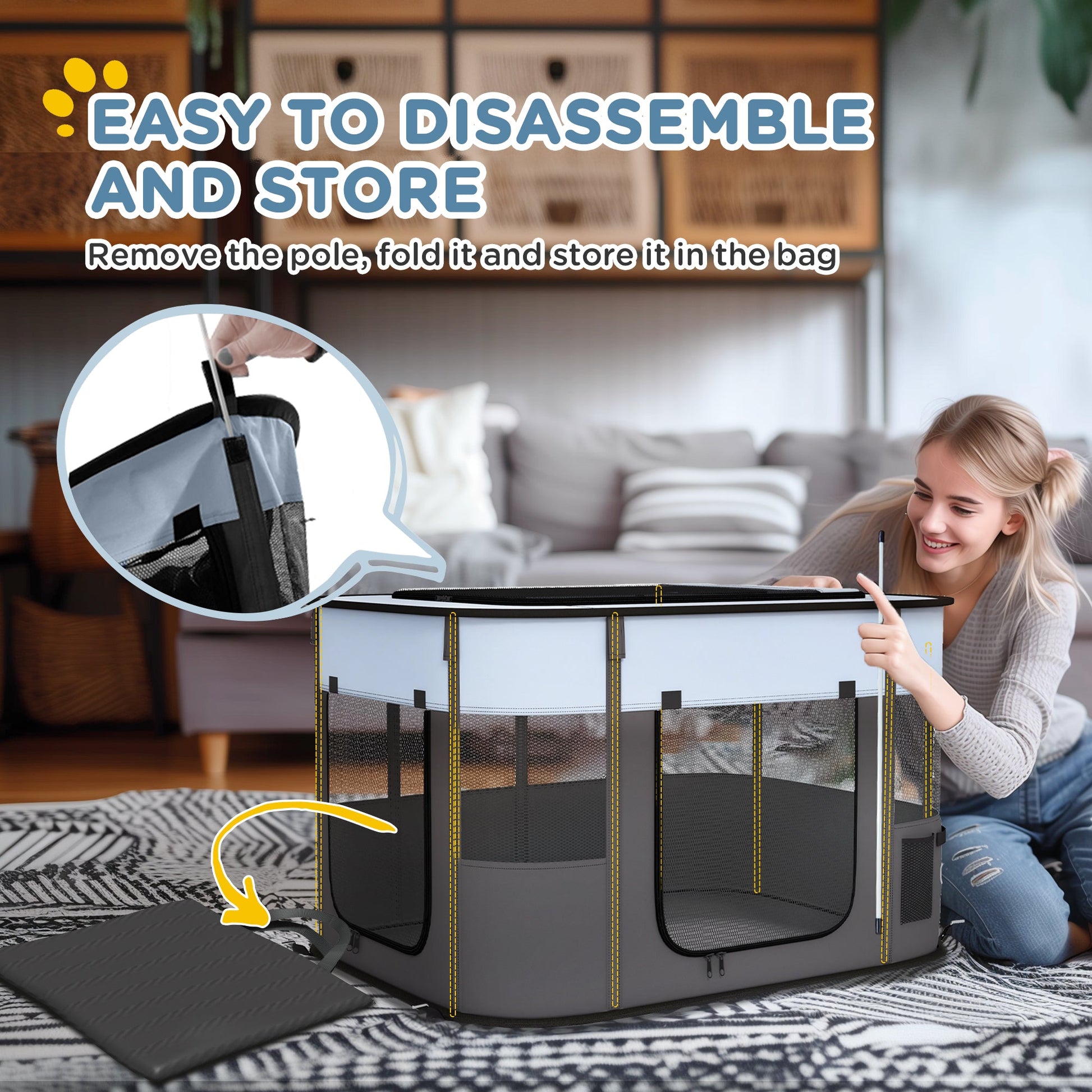 Dog Pen, Pet Playpen, Portable Foldable Dog Cat Playpen Soft Pet Cage with Storage Bag for Puppies, Rabbits, Kittens, Guinea Pigs, 94 x 74 x 60cm - Grey