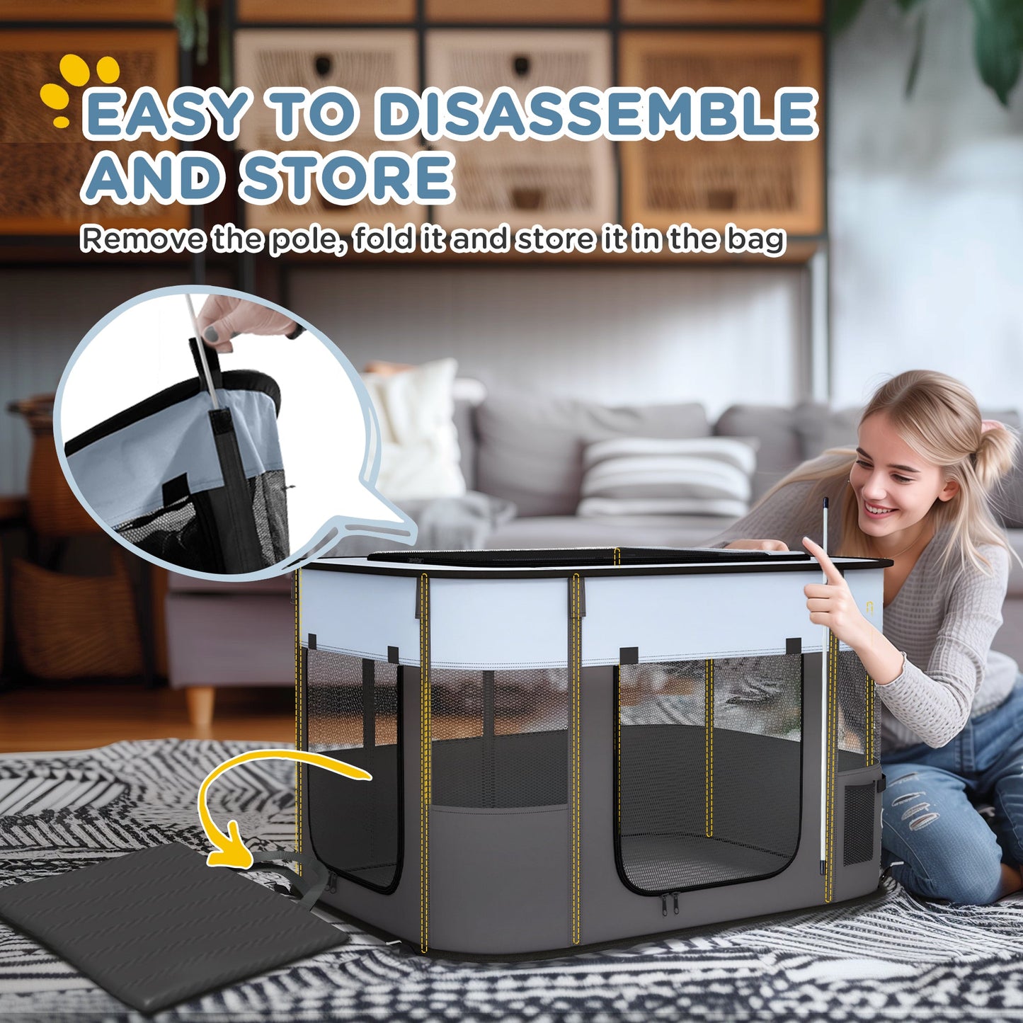 Dog Pen, Pet Playpen, Portable Foldable Dog Cat Playpen Soft Pet Cage with Storage Bag for Puppies, Rabbits, Kittens, Guinea Pigs, 94 x 74 x 60cm - Grey