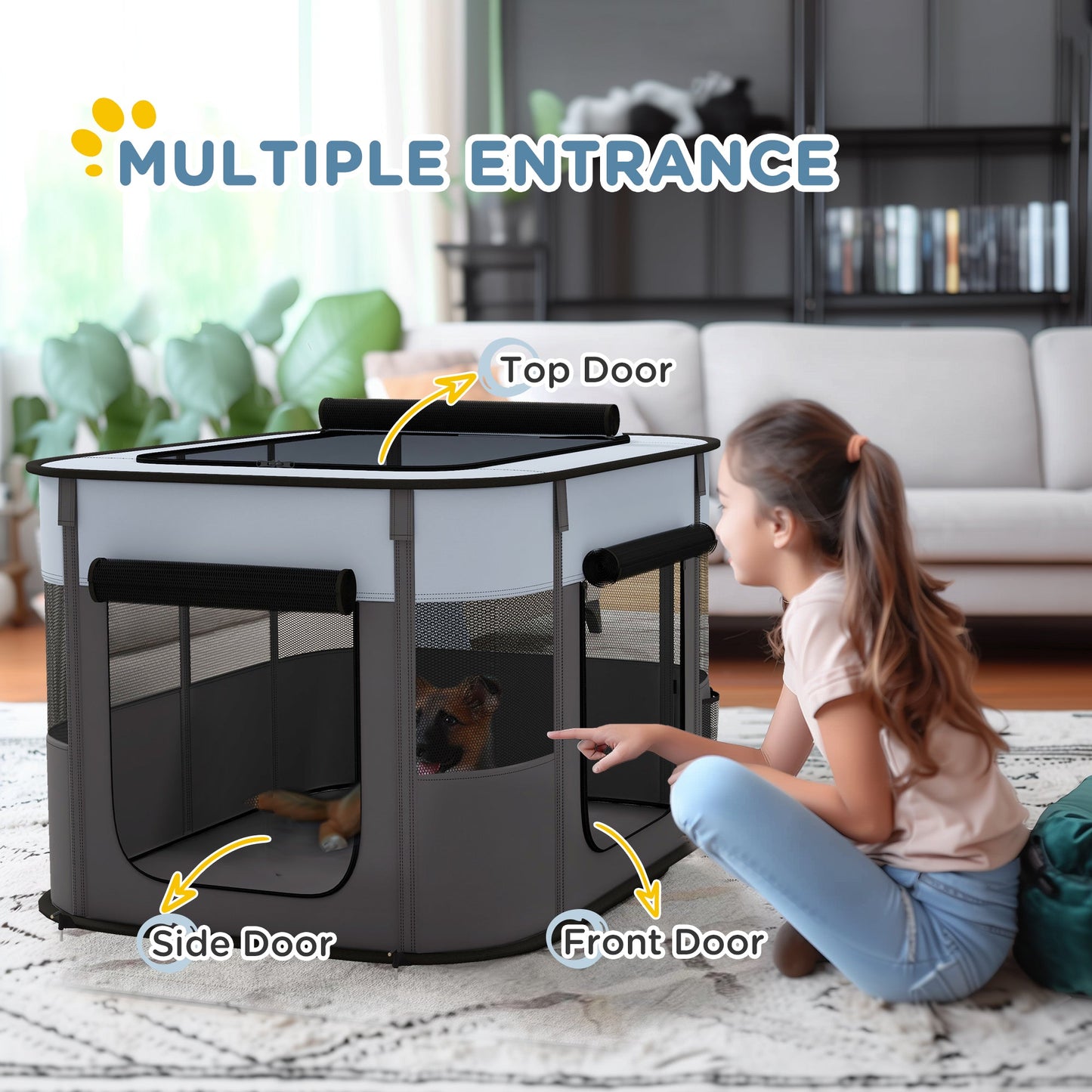 Dog Pen, Pet Playpen, Portable Foldable Dog Cat Playpen Soft Pet Cage with Storage Bag for Puppies, Rabbits, Kittens, Guinea Pigs, 94 x 74 x 60cm - Grey