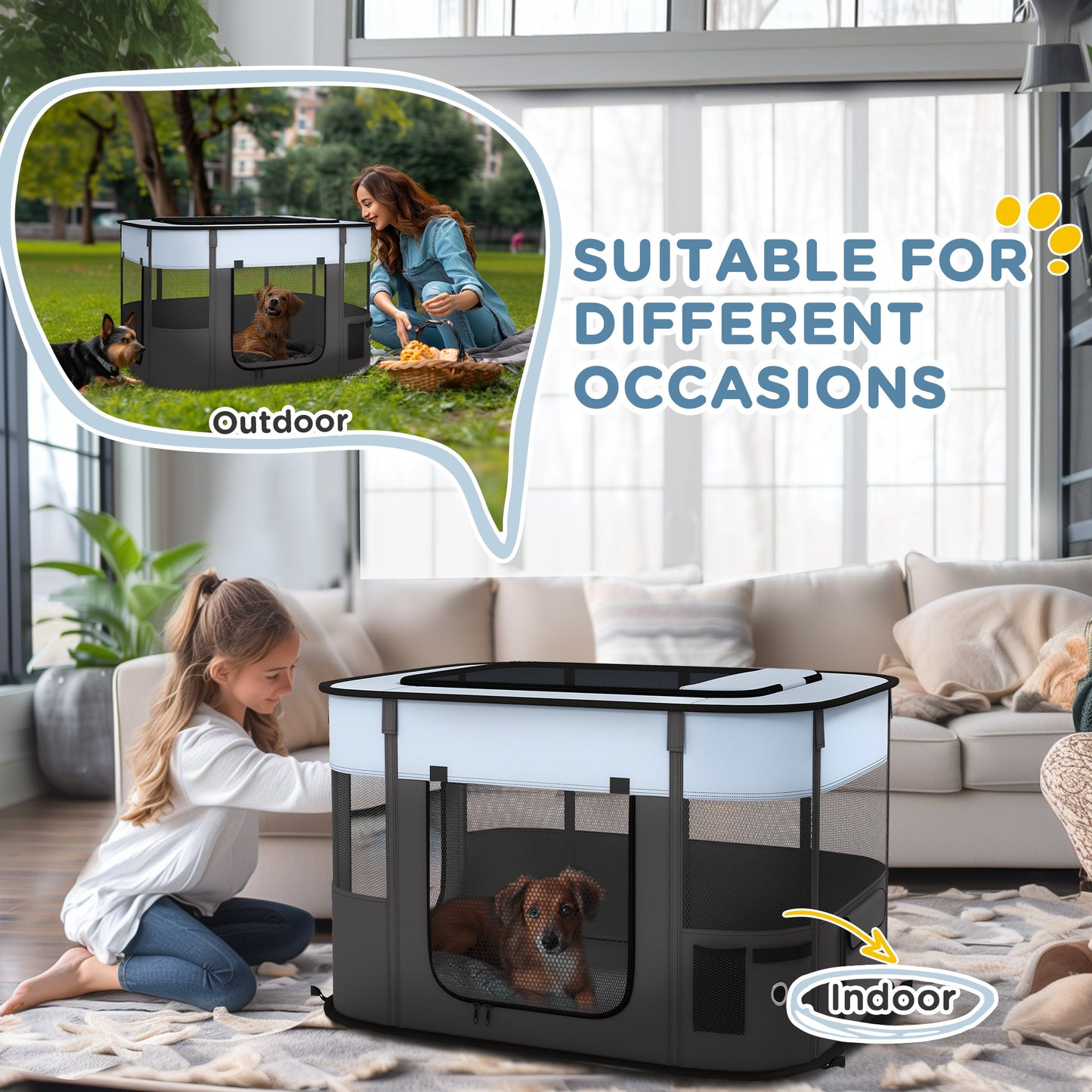 Dog Pen, Pet Playpen, Portable Foldable Dog Cat Playpen Soft Pet Cage with Storage Bag for Puppies, Rabbits, Kittens, Guinea Pigs, 94 x 74 x 60cm - Grey