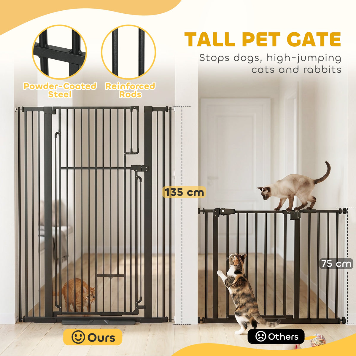 135cm Tall Pet Gate with Cat Door, 81-108 cm Wide Adjustable Pressure Mounted Dog Gate for Doorways, Hallways, Stairs, Includes 2 Extensions, No Drilling, Black