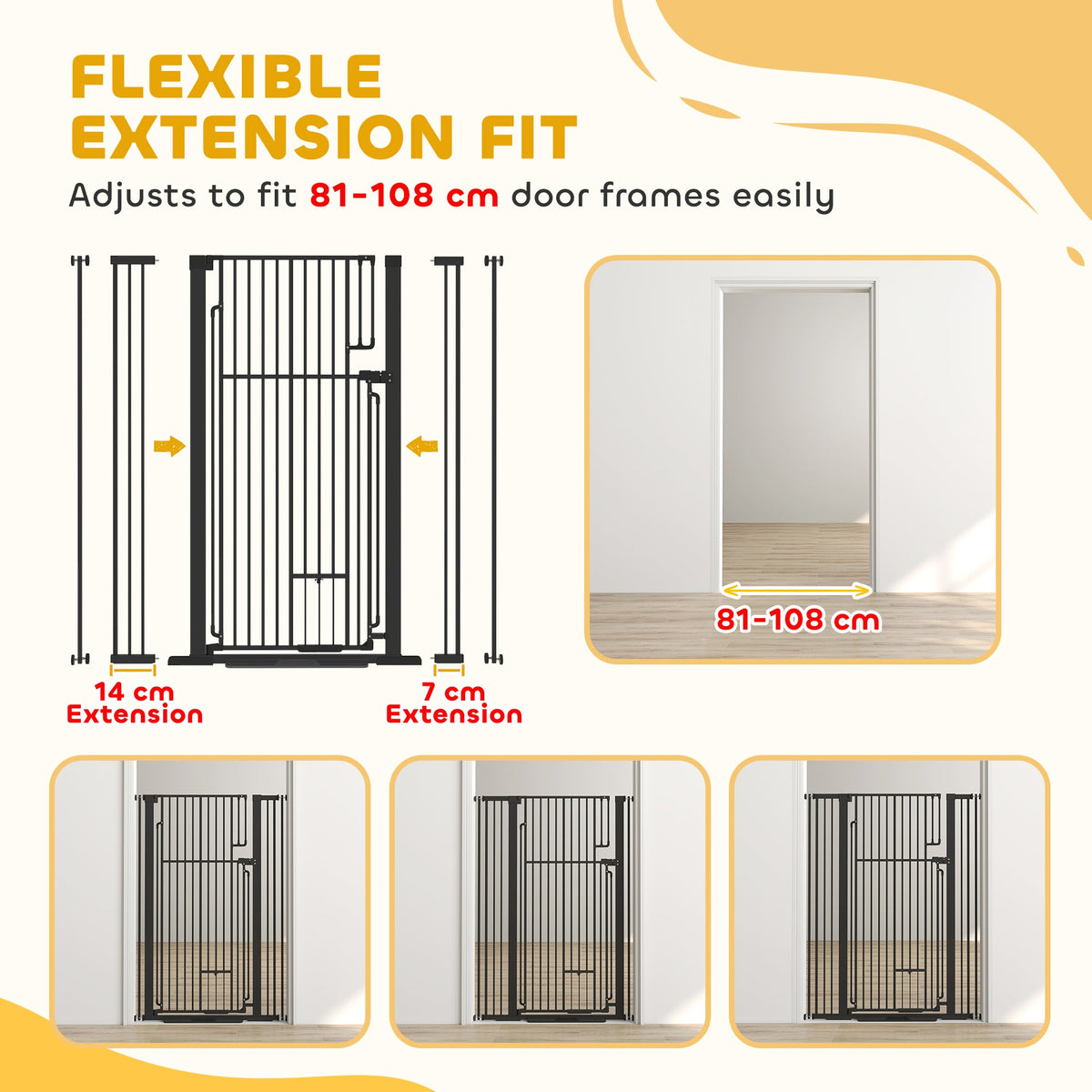 135cm Tall Pet Gate with Cat Door, 81-108 cm Wide Adjustable Pressure Mounted Dog Gate for Doorways, Hallways, Stairs, Includes 2 Extensions, No Drilling, Black