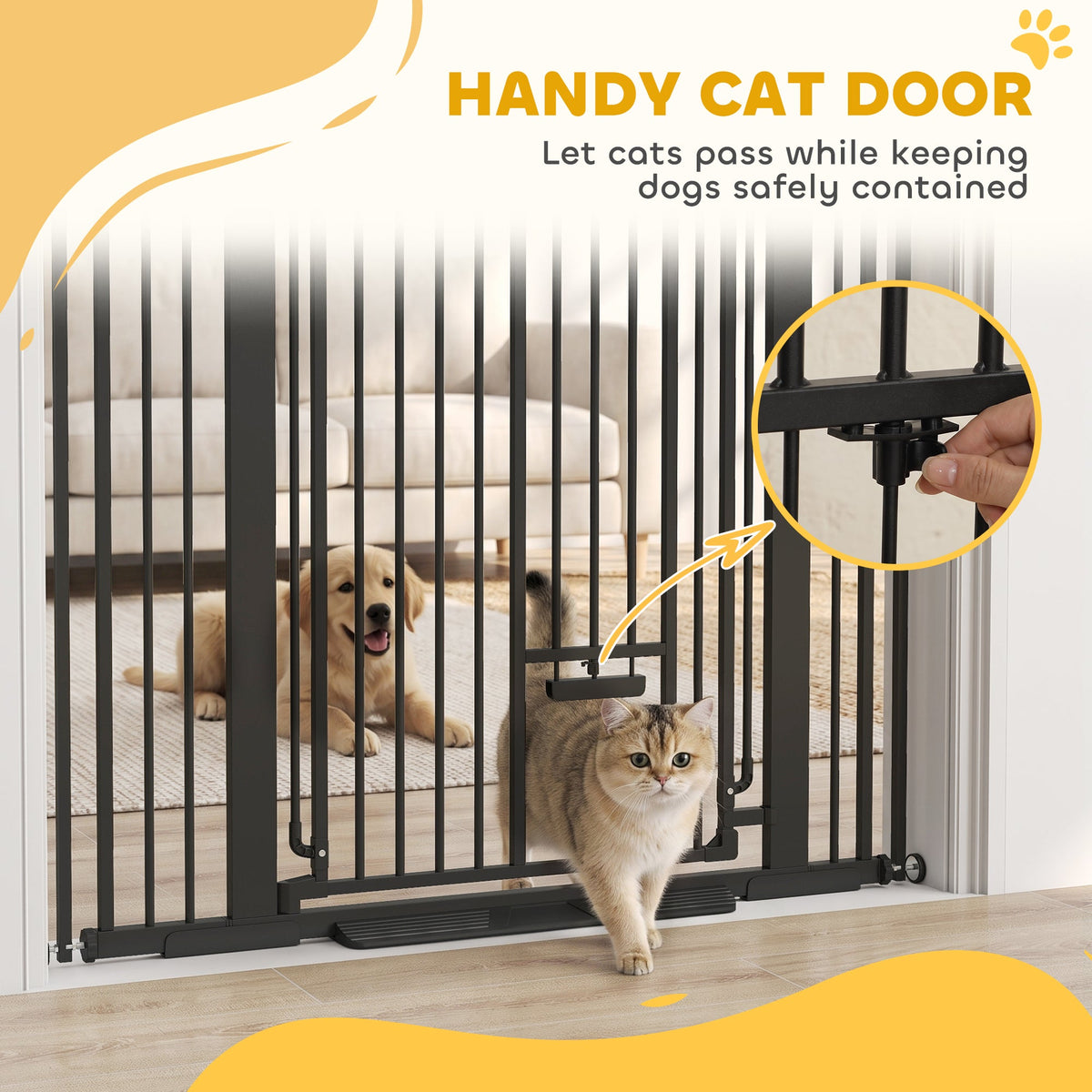 135cm Tall Pet Gate with Cat Door, 81-108 cm Wide Adjustable Pressure Mounted Dog Gate for Doorways, Hallways, Stairs, Includes 2 Extensions, No Drilling, Black