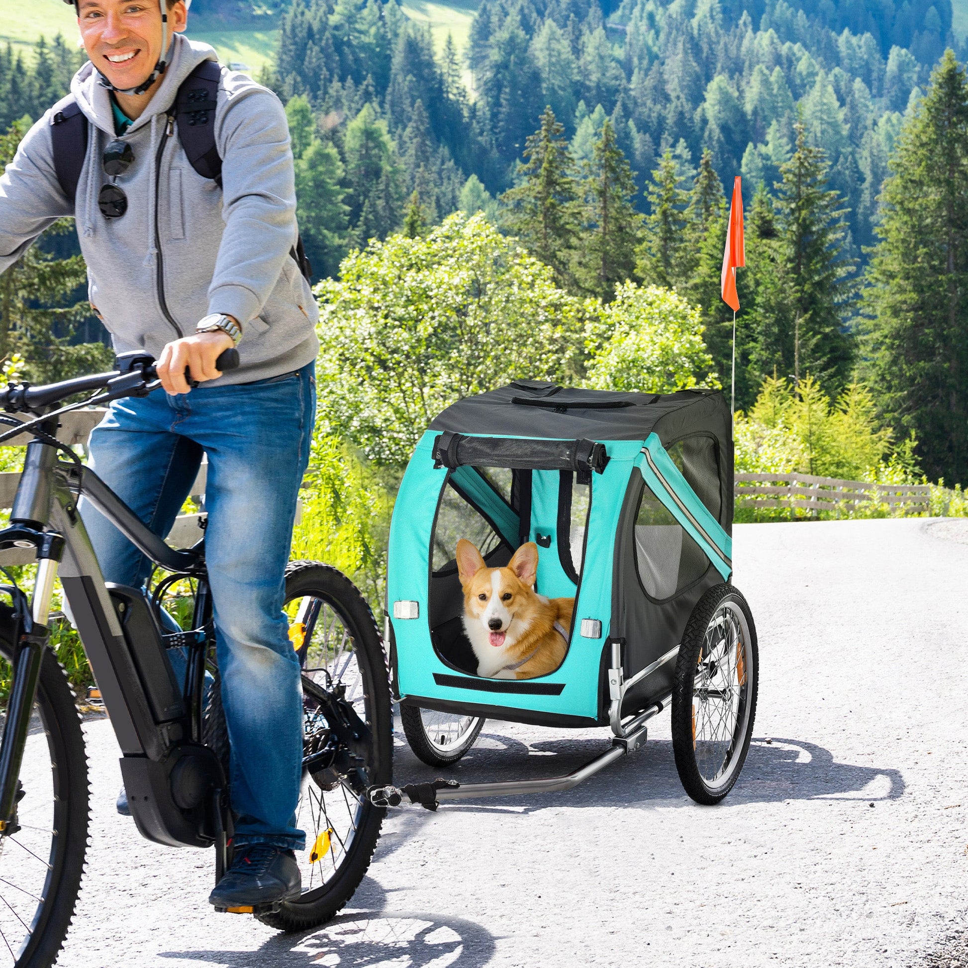 Folding Dog Bike Trailer Pet Cart Carrier for Bicycle Travel in Steel Frame with Hitch Coupler - Light Blue & Grey