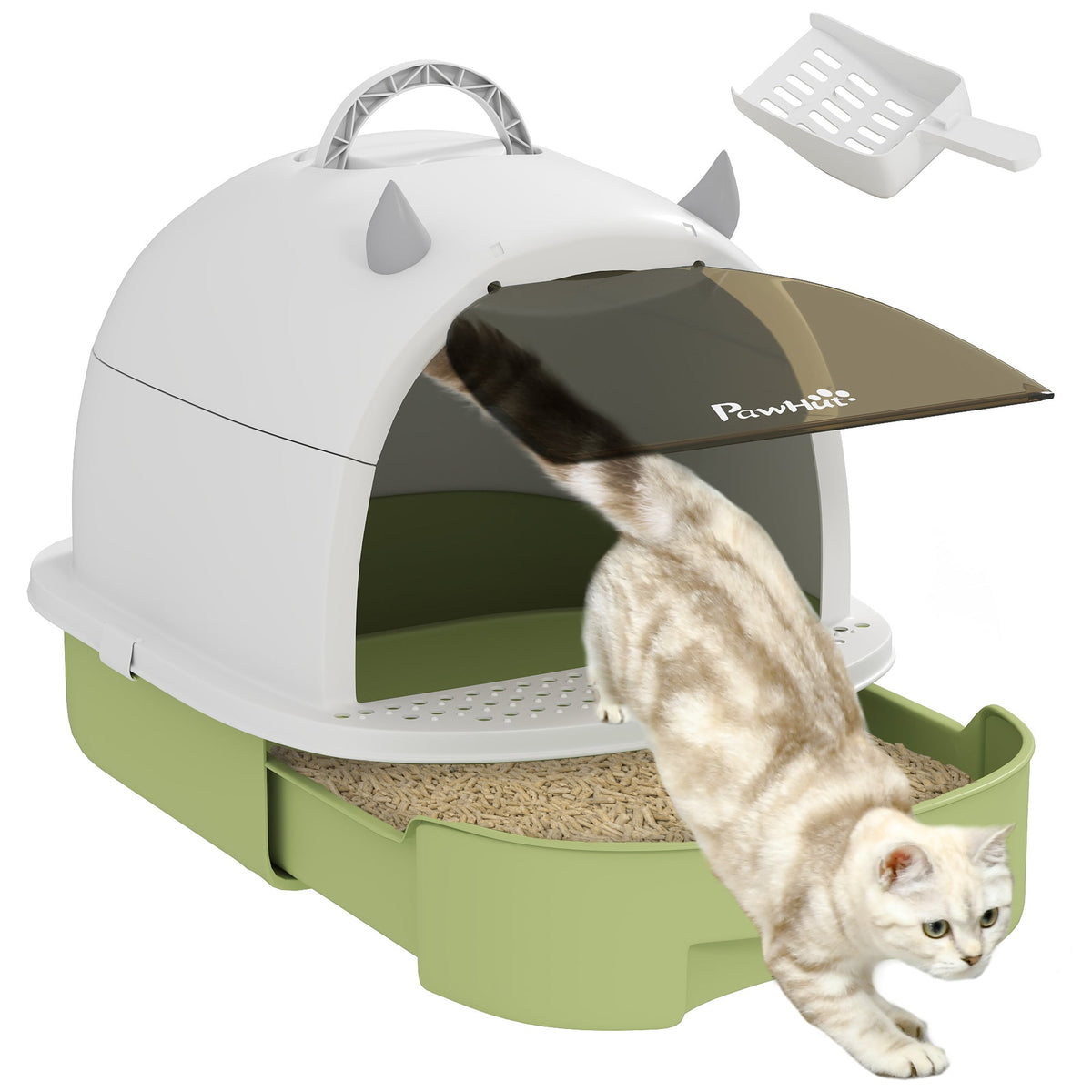 Cat Litter Tray with Lid, Enclosed Cat Litter Box with Pull-Out Drawer, Scoop, Deodorising Bags for Odour Control, Privacy, Portable, Easy to Clean, Green