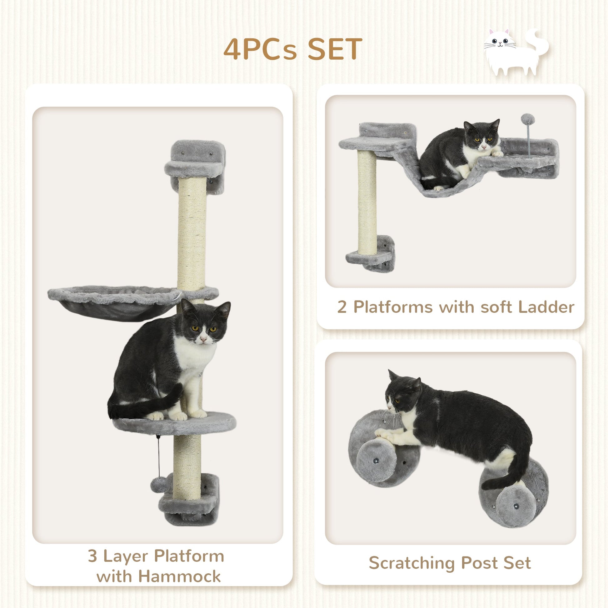 4Pcs Wall Mounted Cat Shelves, with Hammock, Perches, Ladder, Scratching Post, Cat Wall Furniture for Large Cats, Grey