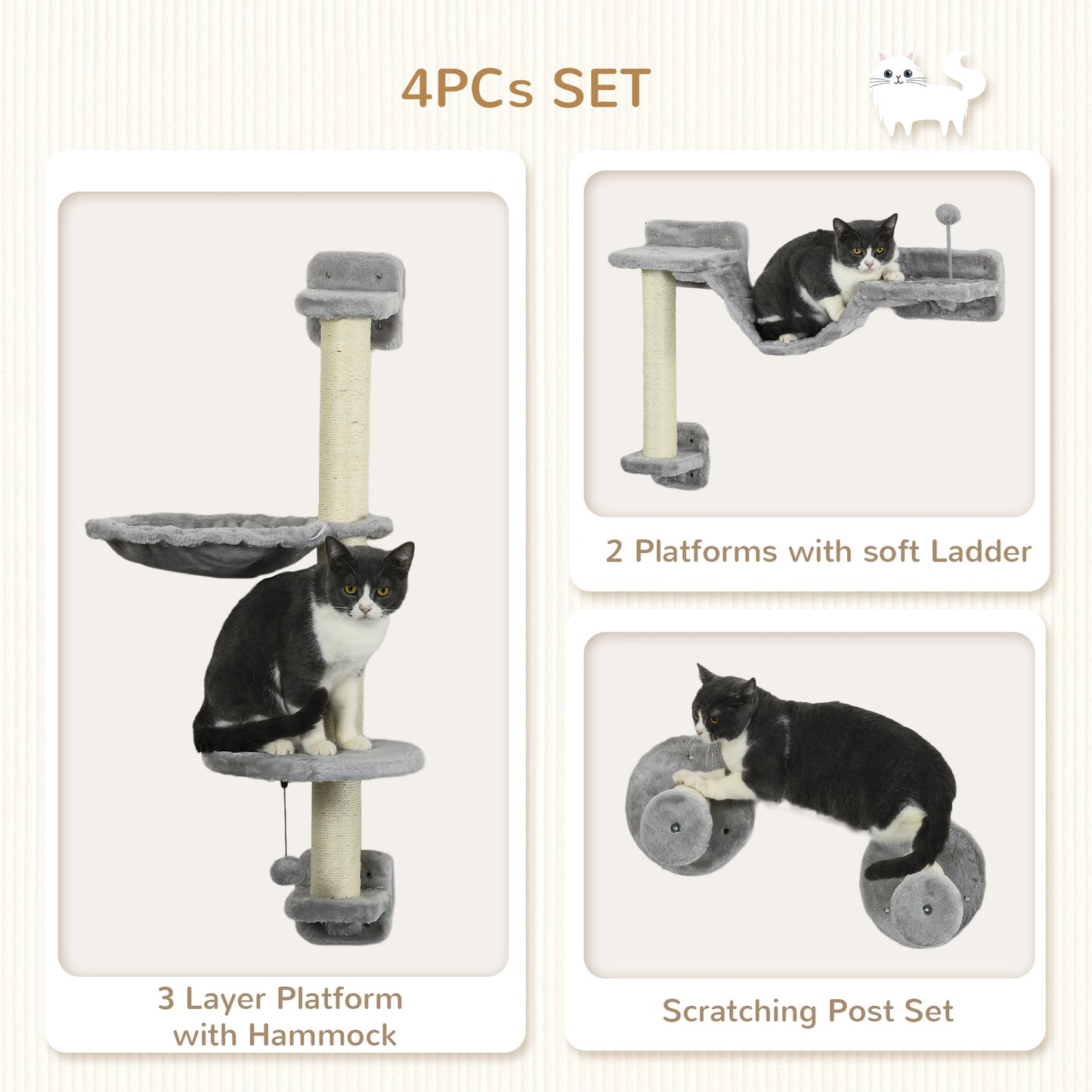 4Pcs Wall Mounted Cat Shelves, with Hammock, Perches, Ladder, Scratching Post, Cat Wall Furniture for Large Cats, Grey