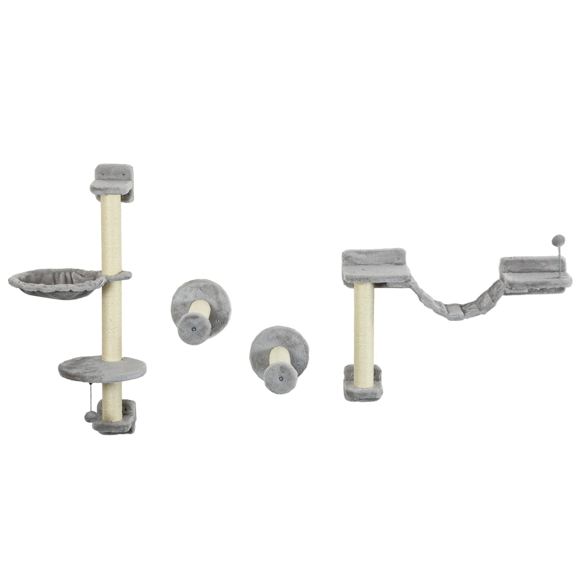 4Pcs Wall Mounted Cat Shelves, with Hammock, Perches, Ladder, Scratching Post, Cat Wall Furniture for Large Cats, Grey