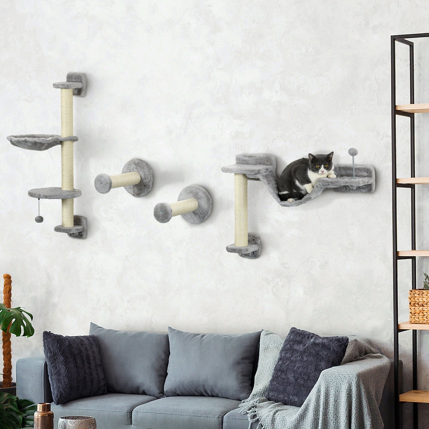 4Pcs Wall Mounted Cat Shelves, with Hammock, Perches, Ladder, Scratching Post, Cat Wall Furniture for Large Cats, Grey