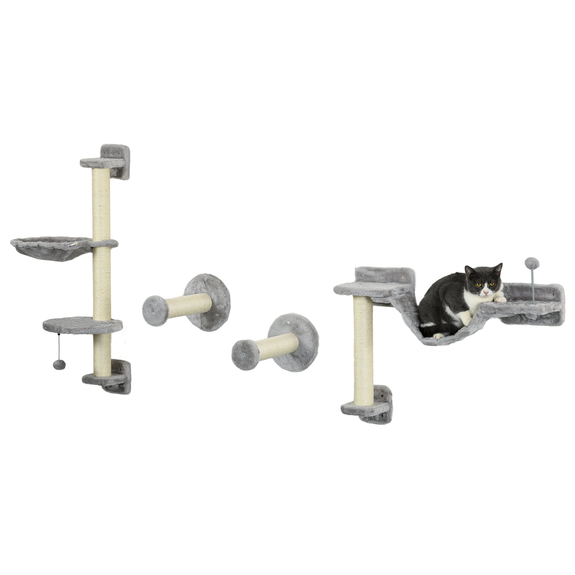 4Pcs Wall Mounted Cat Shelves, with Hammock, Perches, Ladder, Scratching Post, Cat Wall Furniture for Large Cats, Grey