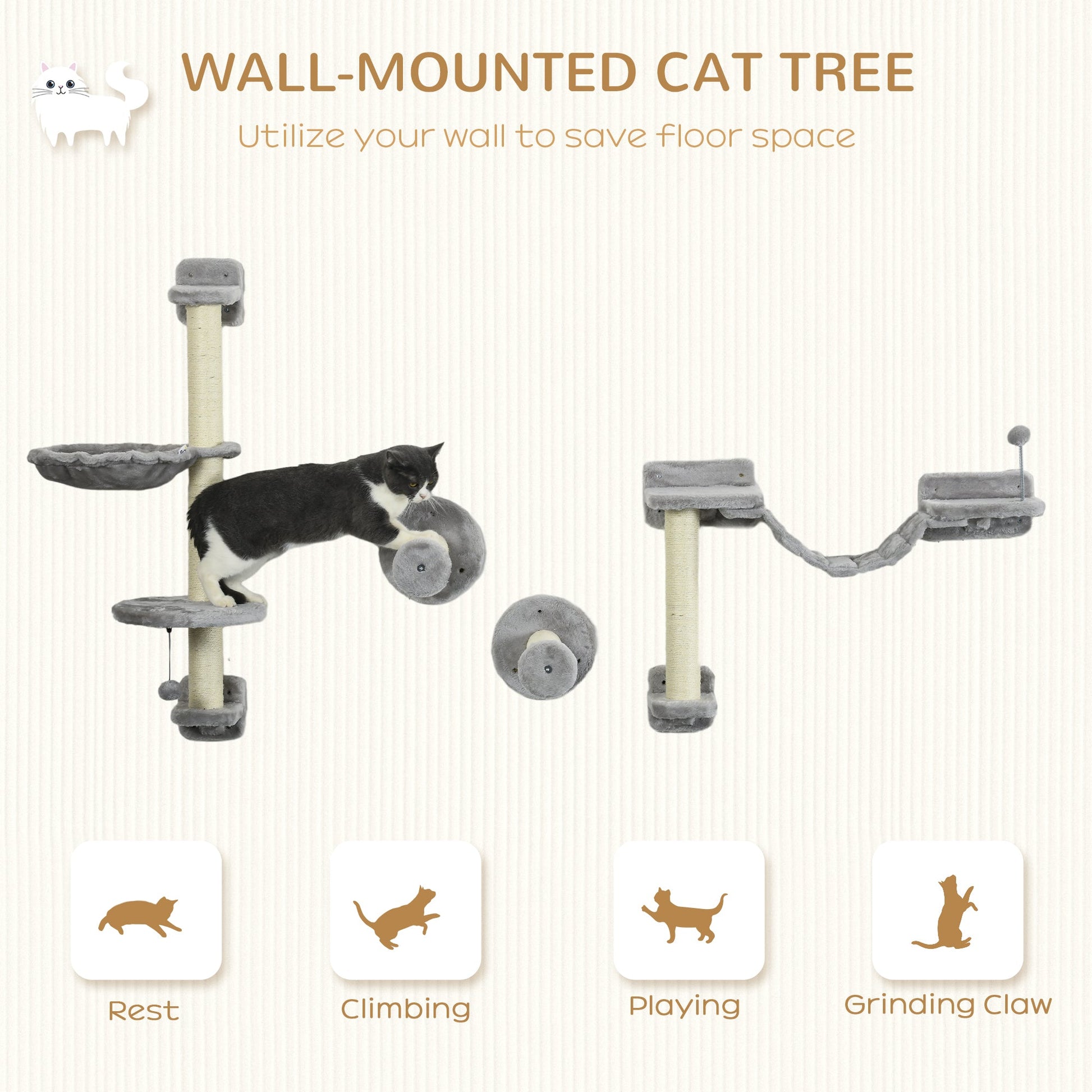 4Pcs Wall Mounted Cat Shelves, with Hammock, Perches, Ladder, Scratching Post, Cat Wall Furniture for Large Cats, Grey