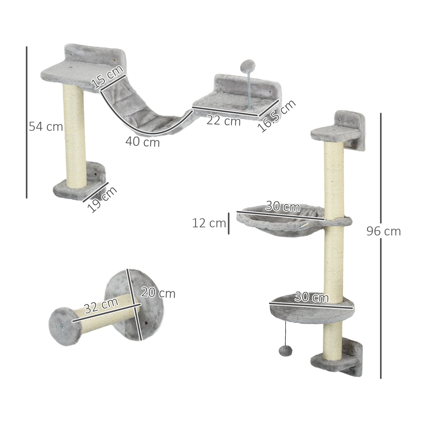 4Pcs Wall Mounted Cat Shelves, with Hammock, Perches, Ladder, Scratching Post, Cat Wall Furniture for Large Cats, Grey