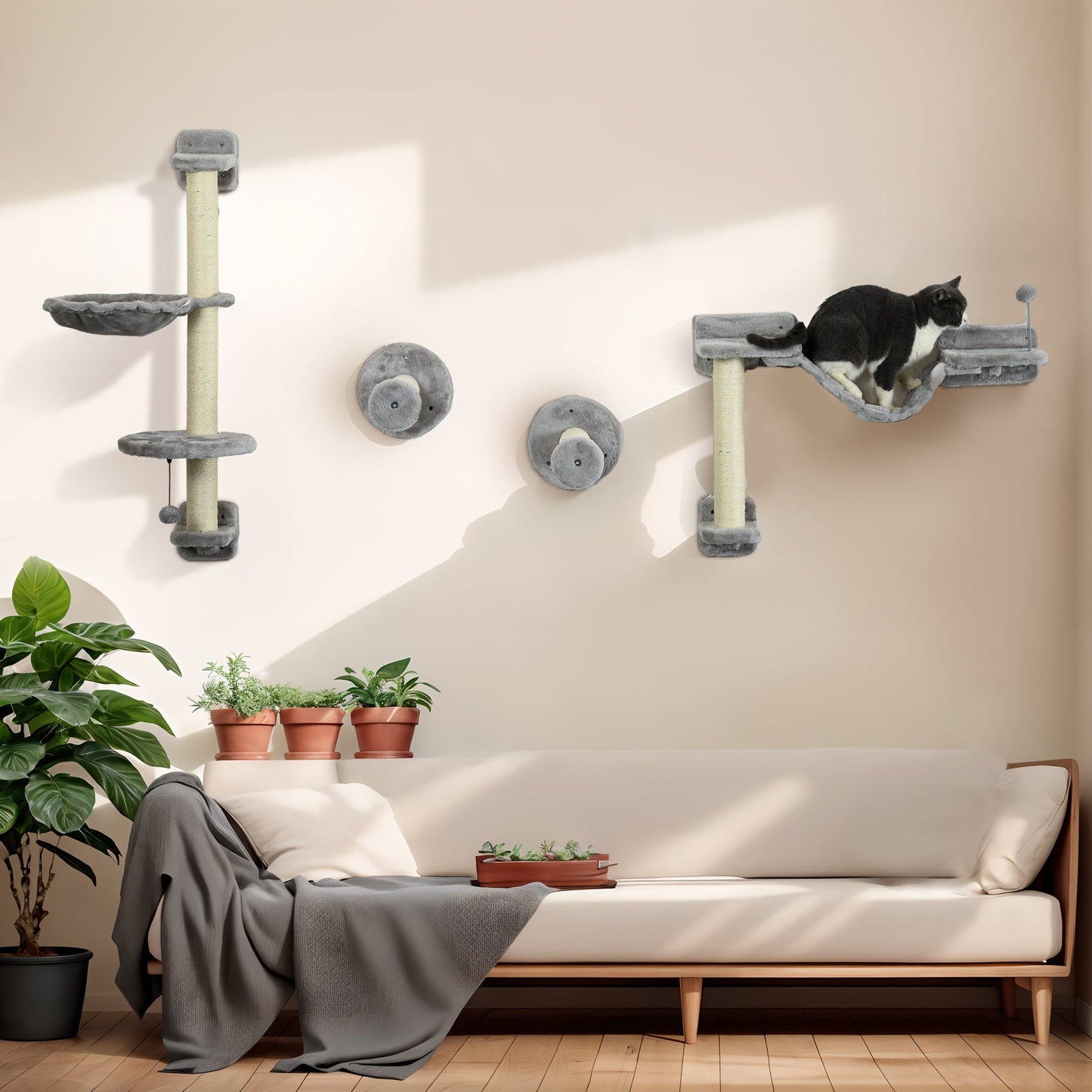 4Pcs Wall Mounted Cat Shelves, with Hammock, Perches, Ladder, Scratching Post, Cat Wall Furniture for Large Cats, Grey