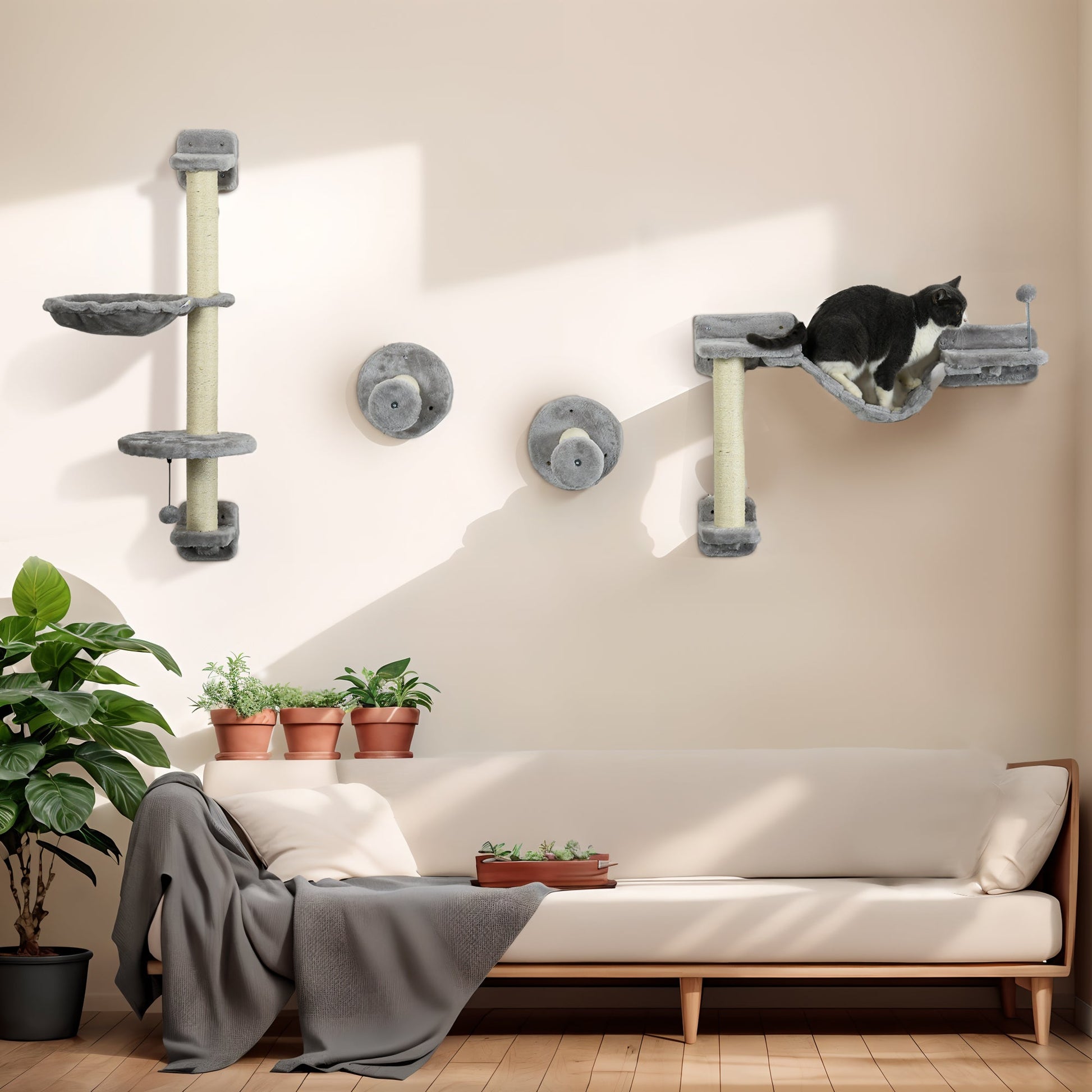 4Pcs Wall Mounted Cat Shelves, with Hammock, Perches, Ladder, Scratching Post, Cat Wall Furniture for Large Cats, Grey