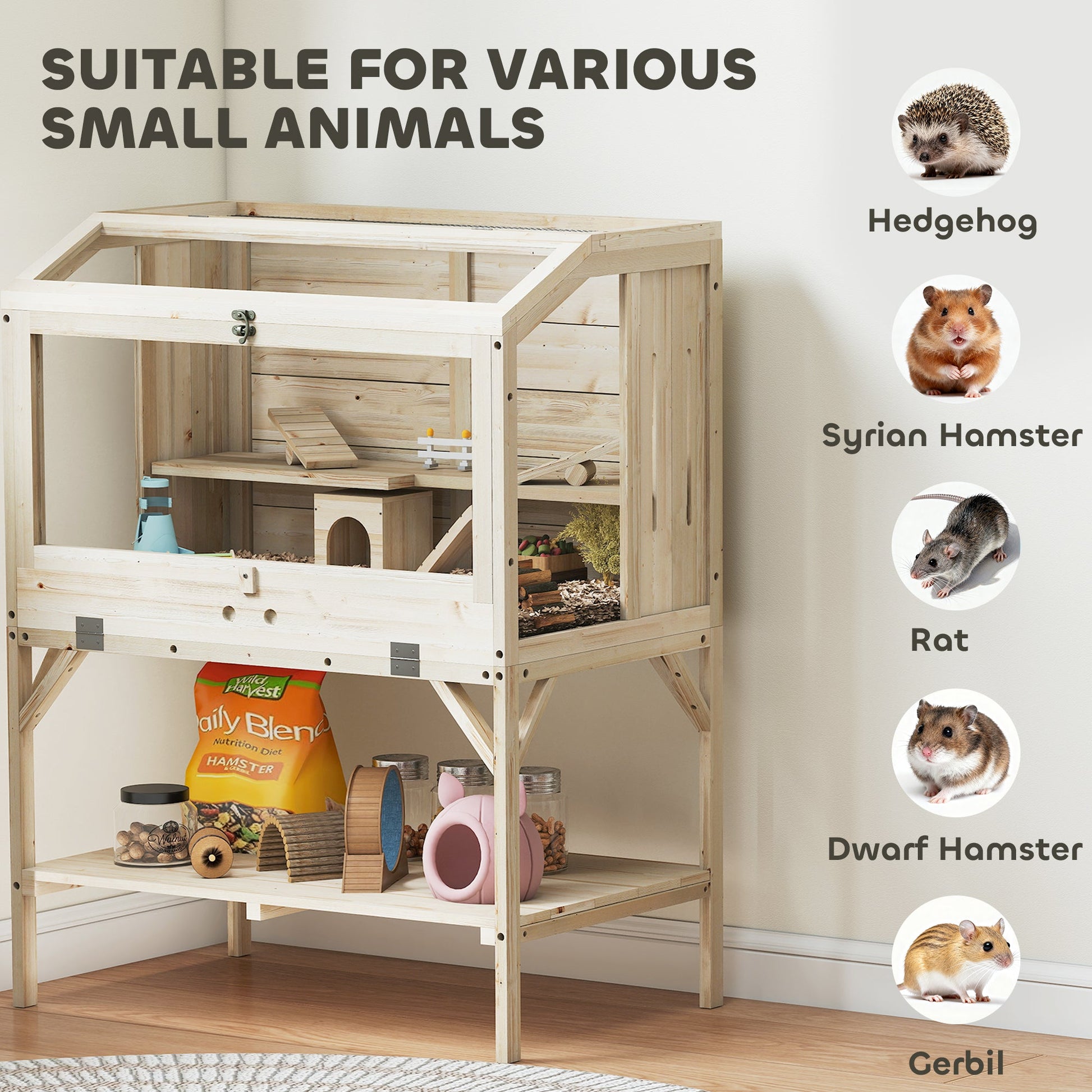 Wooden Hamster Cage, 2 Tier Transparent Gerbil Cage with Storage Shelf, Openable Top, Tray, Seesaws, Ramp, Water Bottle, Small Animal Habitat for Syrian, Gerbils, Rats, Rodent, 84 x 53 x 110 cm
