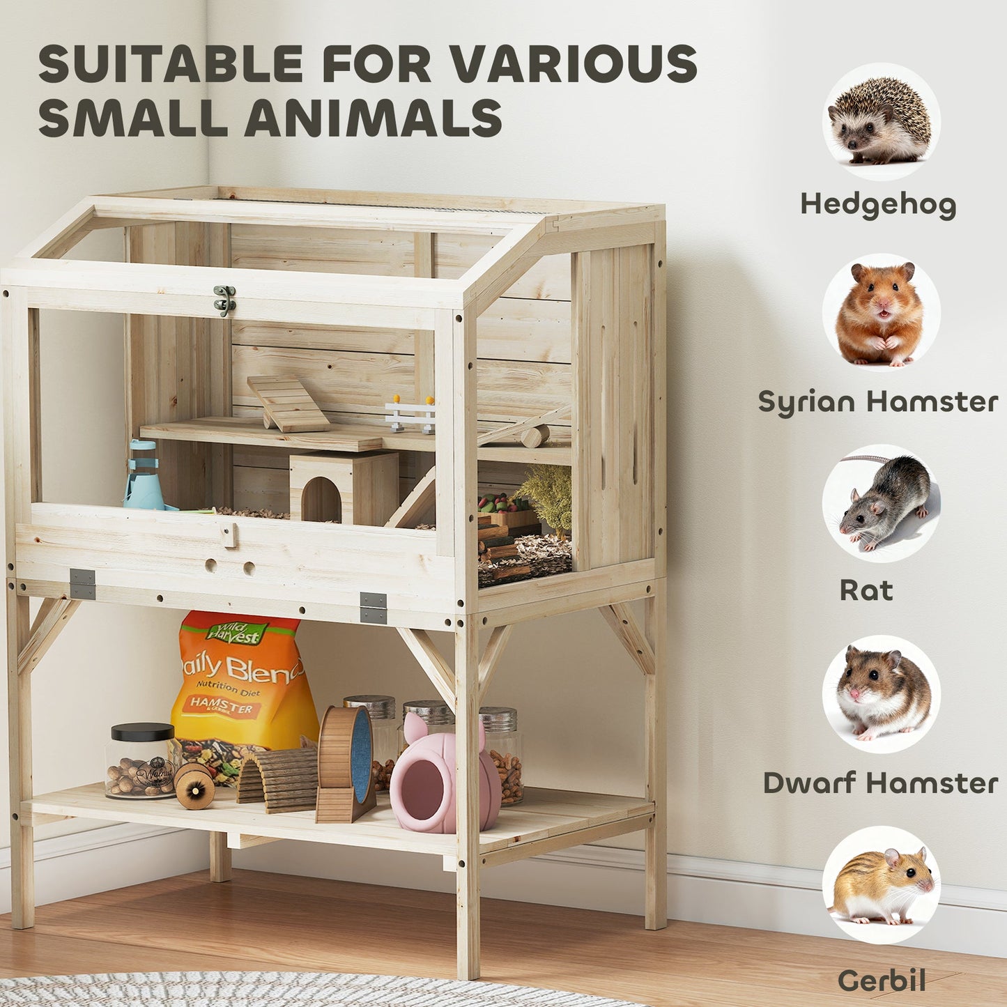 Wooden Hamster Cage, 2 Tier Transparent Gerbil Cage with Storage Shelf, Openable Top, Tray, Seesaws, Ramp, Water Bottle, Small Animal Habitat for Syrian, Gerbils, Rats, Rodent, 84 x 53 x 110 cm