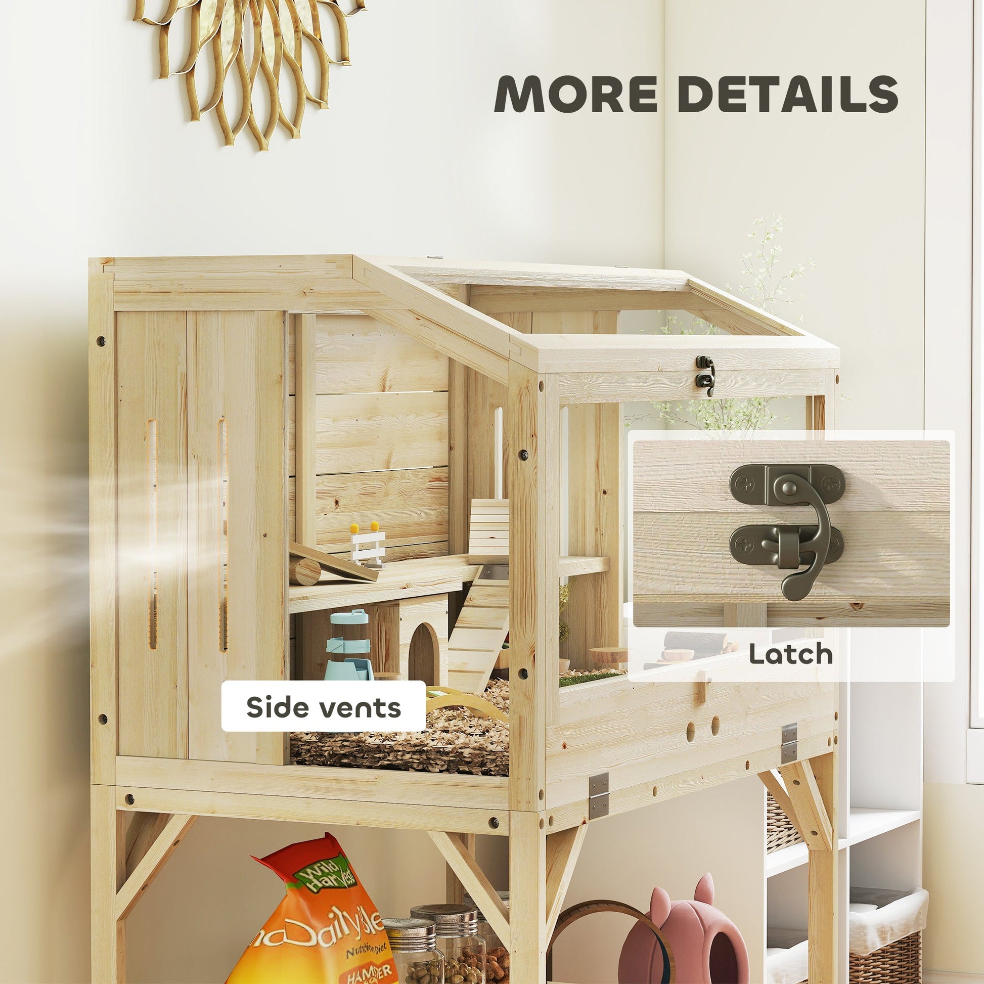 Wooden Hamster Cage, 2 Tier Transparent Gerbil Cage with Storage Shelf, Openable Top, Tray, Seesaws, Ramp, Water Bottle, Small Animal Habitat for Syrian, Gerbils, Rats, Rodent, 84 x 53 x 110 cm