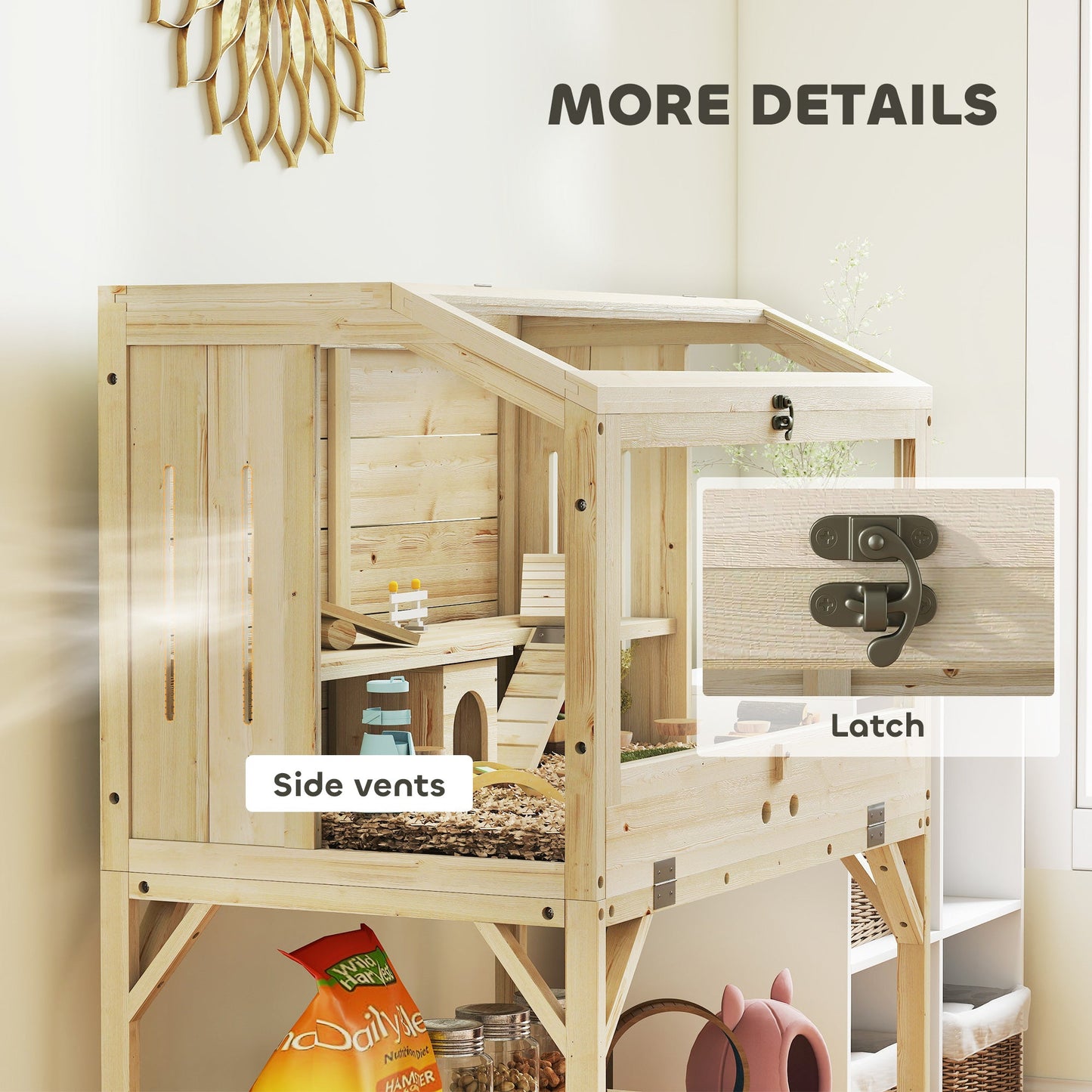 Wooden Hamster Cage, 2 Tier Transparent Gerbil Cage with Storage Shelf, Openable Top, Tray, Seesaws, Ramp, Water Bottle, Small Animal Habitat for Syrian, Gerbils, Rats, Rodent, 84 x 53 x 110 cm