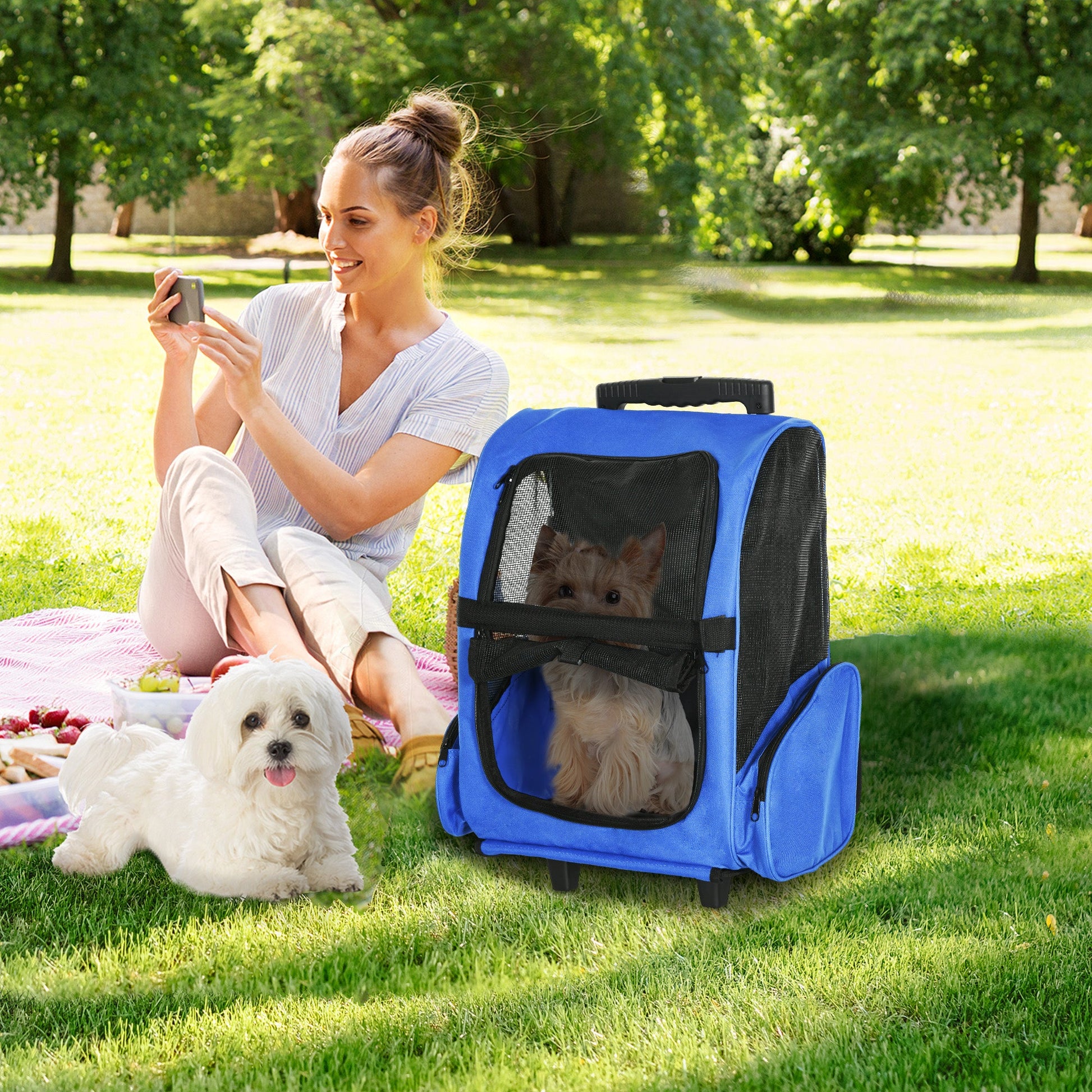 Pet Travel Backpack Bag Cat Puppy Dog Carrier w/ Trolley and Telescopic Handle Portable Stroller Wheel Luggage Bag (Blue)