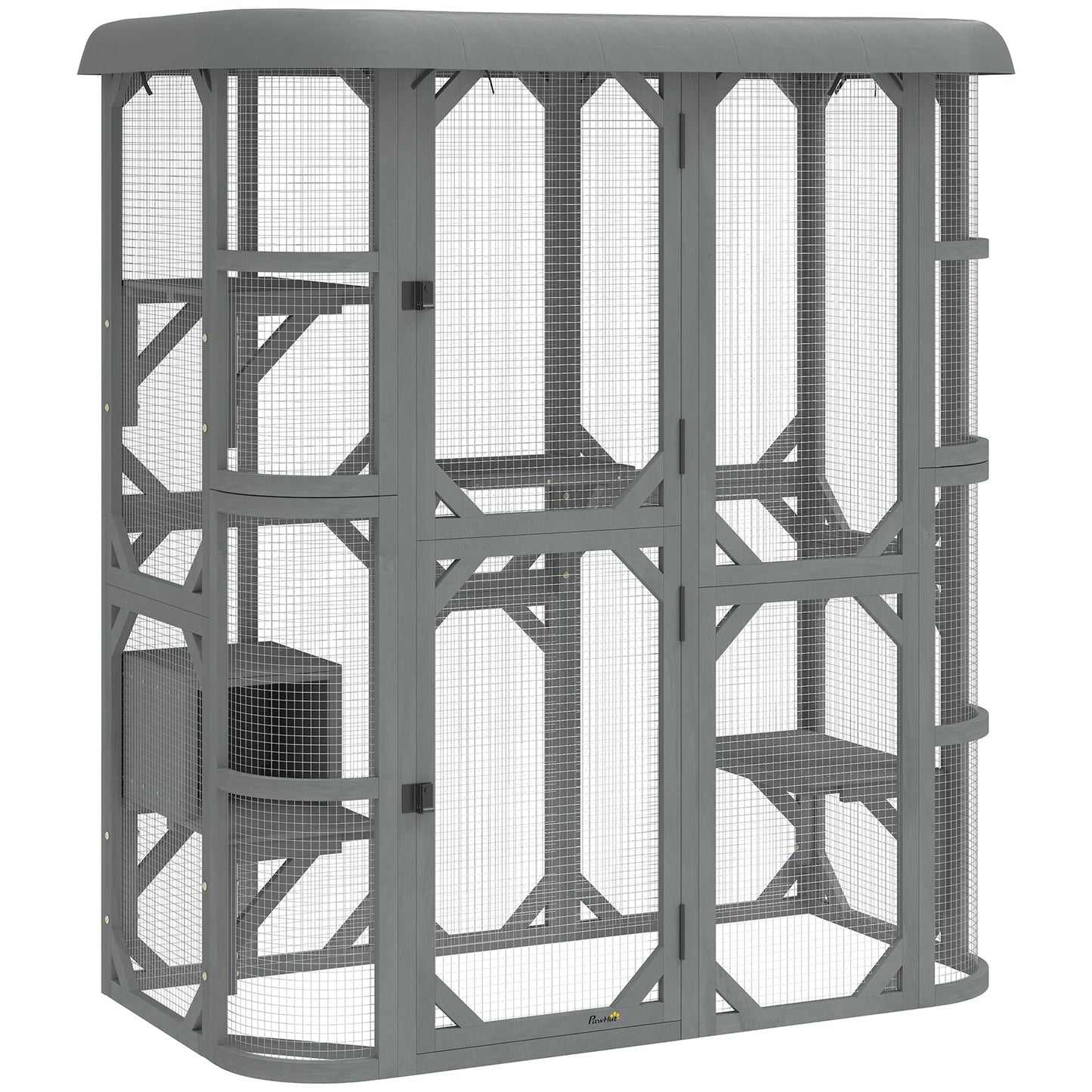 Walk-in Catio, Outdoor Cat Enclosure with 4 Jumping Platforms, Condo and Waterproof Cover, Outdoor Indoor Large Cat House for 2–3 Kittens, 156 x 80x 180 cm, Grey
