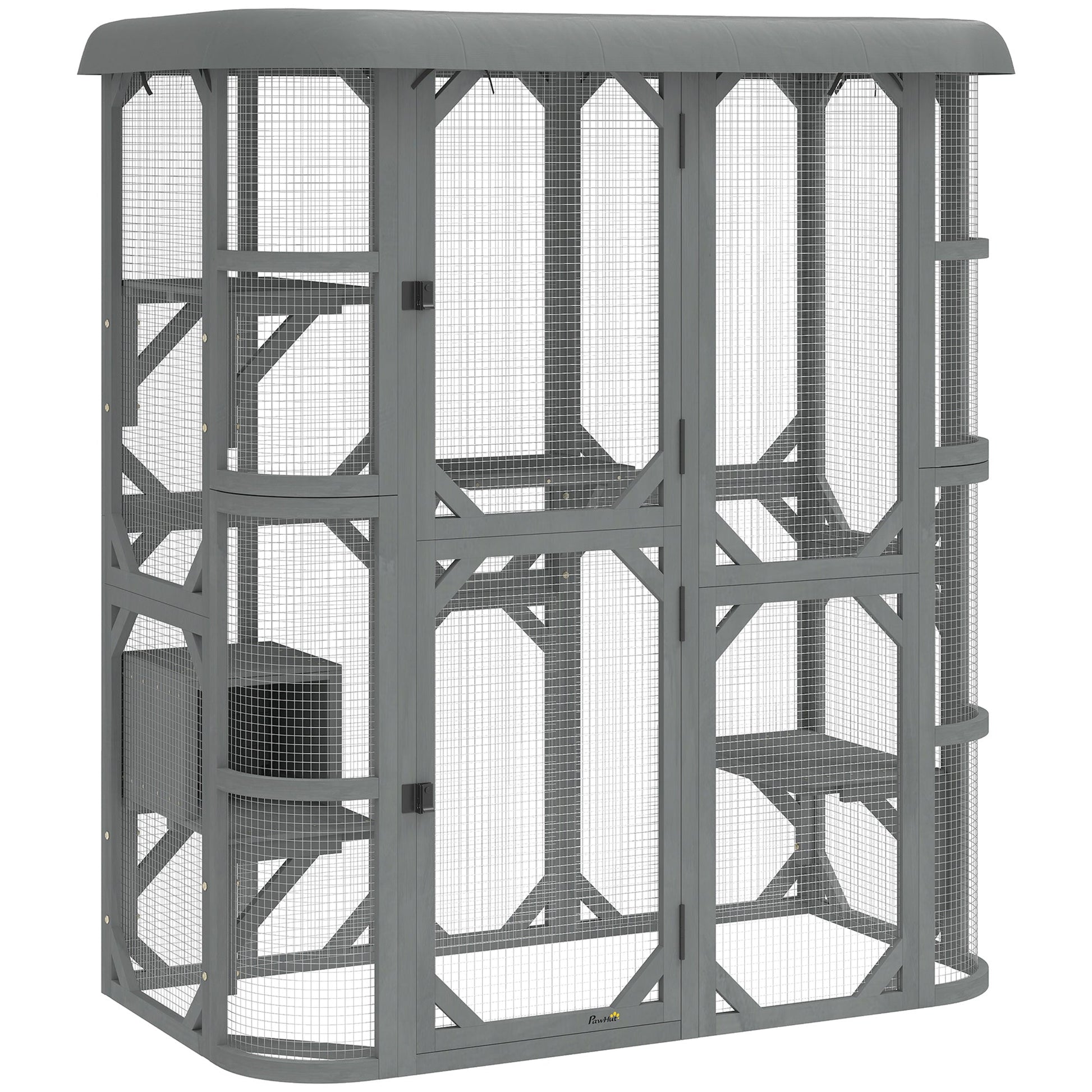 Walk-in Catio, Outdoor Cat Enclosure with 4 Jumping Platforms, Condo and Waterproof Cover, Outdoor Indoor Large Cat House for 2–3 Kittens, 156 x 80x 180 cm, Grey