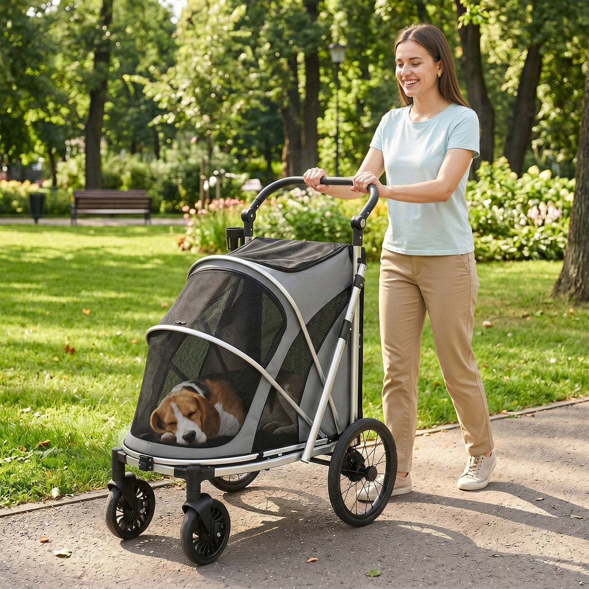 Dog Stroller, Pet Stroller for Small and Medium Dogs, Foldable Puppy Pram Pet Pushchair with 2 Big Wheels, Shock-Absorbing Frame, Seat Leashes, Brakes, Maximum Load 20 kg, Grey