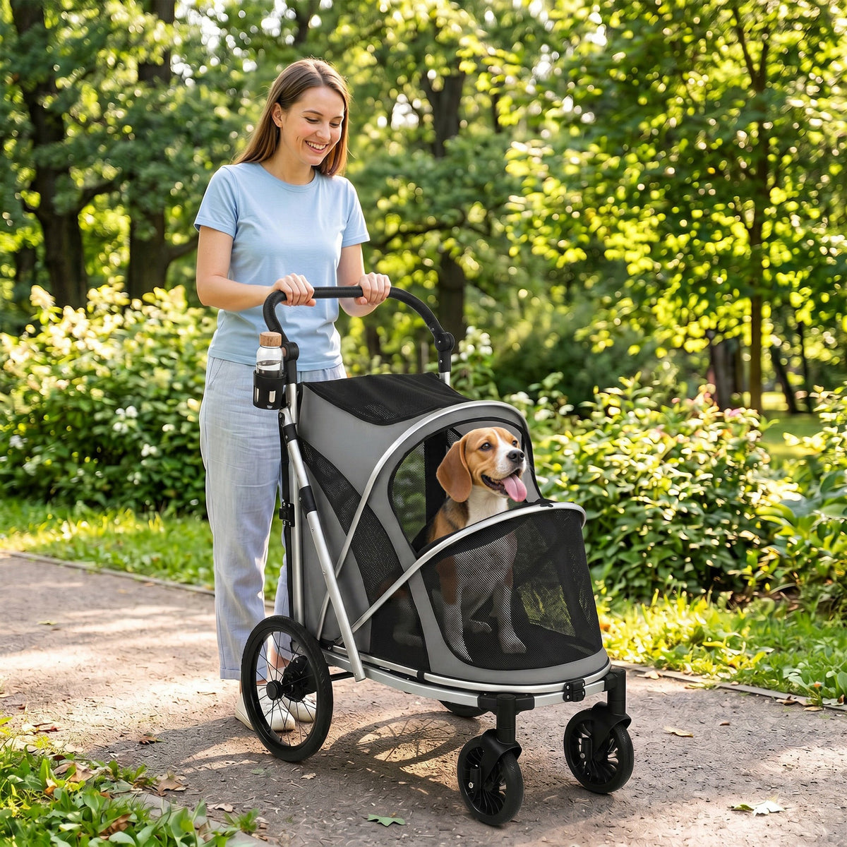 Dog Stroller, Pet Stroller for Small and Medium Dogs, Foldable Puppy Pram Pet Pushchair with 2 Big Wheels, Shock-Absorbing Frame, Seat Leashes, Brakes, Maximum Load 20 kg, Grey