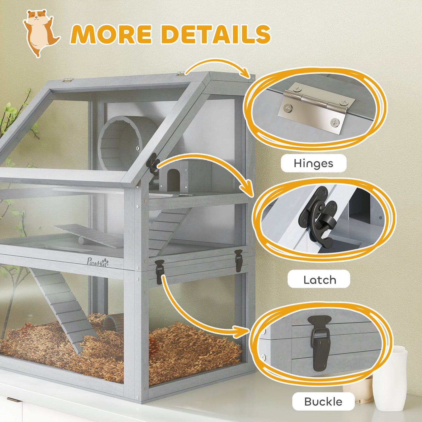 Wooden Hamster Cage, 3 Tier Gerbil Cage with Detachable 32cm Deep Bottom, Hut, Seesaw, Exercise Wheel, Ramps, Light Grey