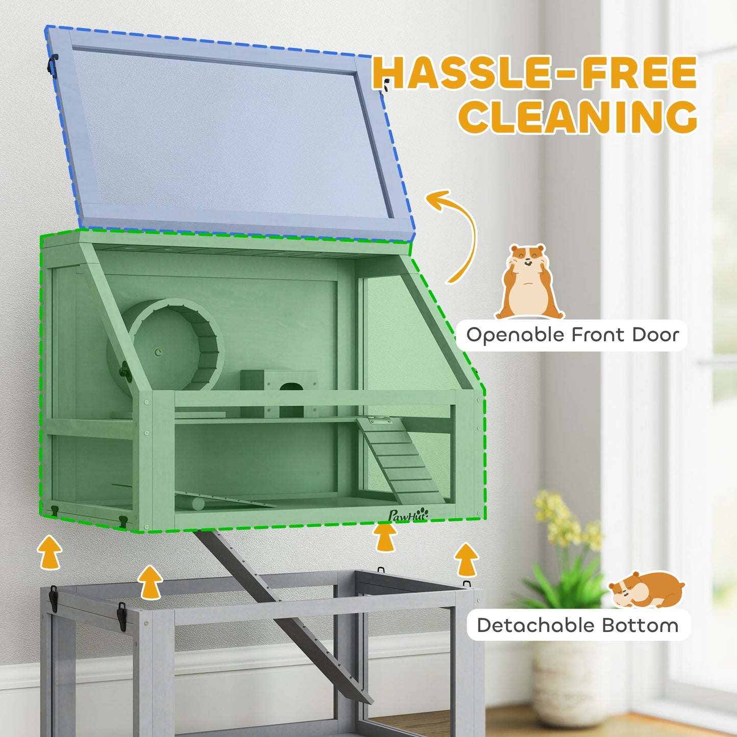 Wooden Hamster Cage, 3 Tier Gerbil Cage with Detachable 32cm Deep Bottom, Hut, Seesaw, Exercise Wheel, Ramps, Light Grey