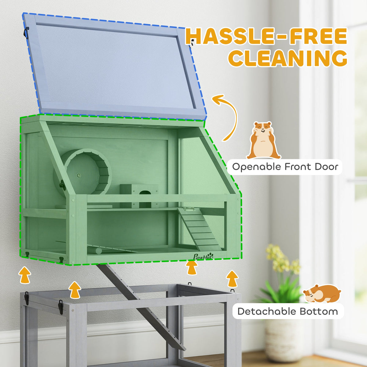 Wooden Hamster Cage, 3 Tier Gerbil Cage with Detachable 32cm Deep Bottom, Hut, Seesaw, Exercise Wheel, Ramps, Light Grey