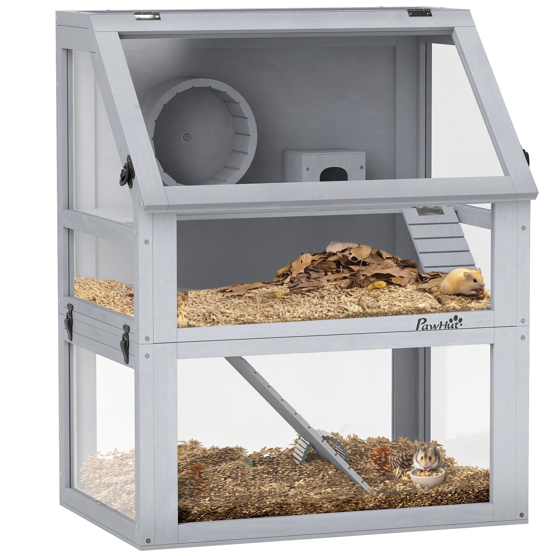 Wooden Hamster Cage, 3 Tier Gerbil Cage with Detachable 32cm Deep Bottom, Hut, Seesaw, Exercise Wheel, Ramps, Light Grey