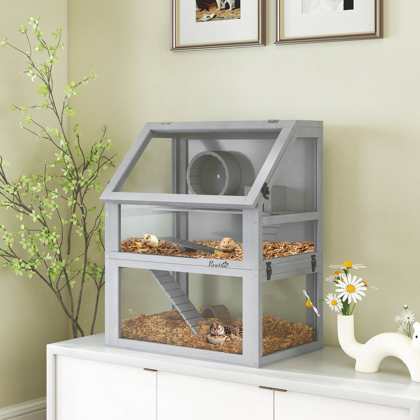 Wooden Hamster Cage, 3 Tier Gerbil Cage with Detachable 32cm Deep Bottom, Hut, Seesaw, Exercise Wheel, Ramps, Light Grey