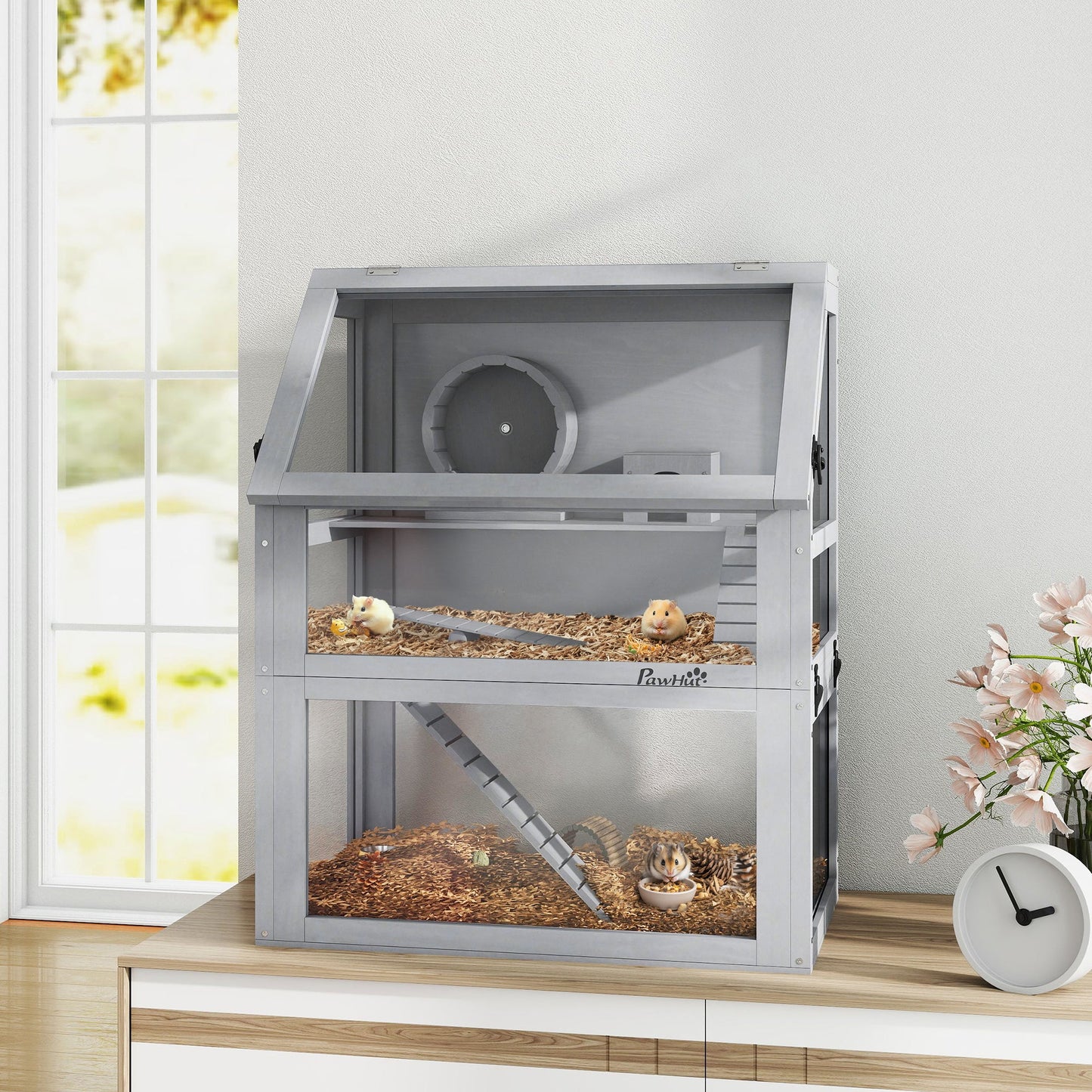 Wooden Hamster Cage, 3 Tier Gerbil Cage with Detachable 32cm Deep Bottom, Hut, Seesaw, Exercise Wheel, Ramps, Light Grey