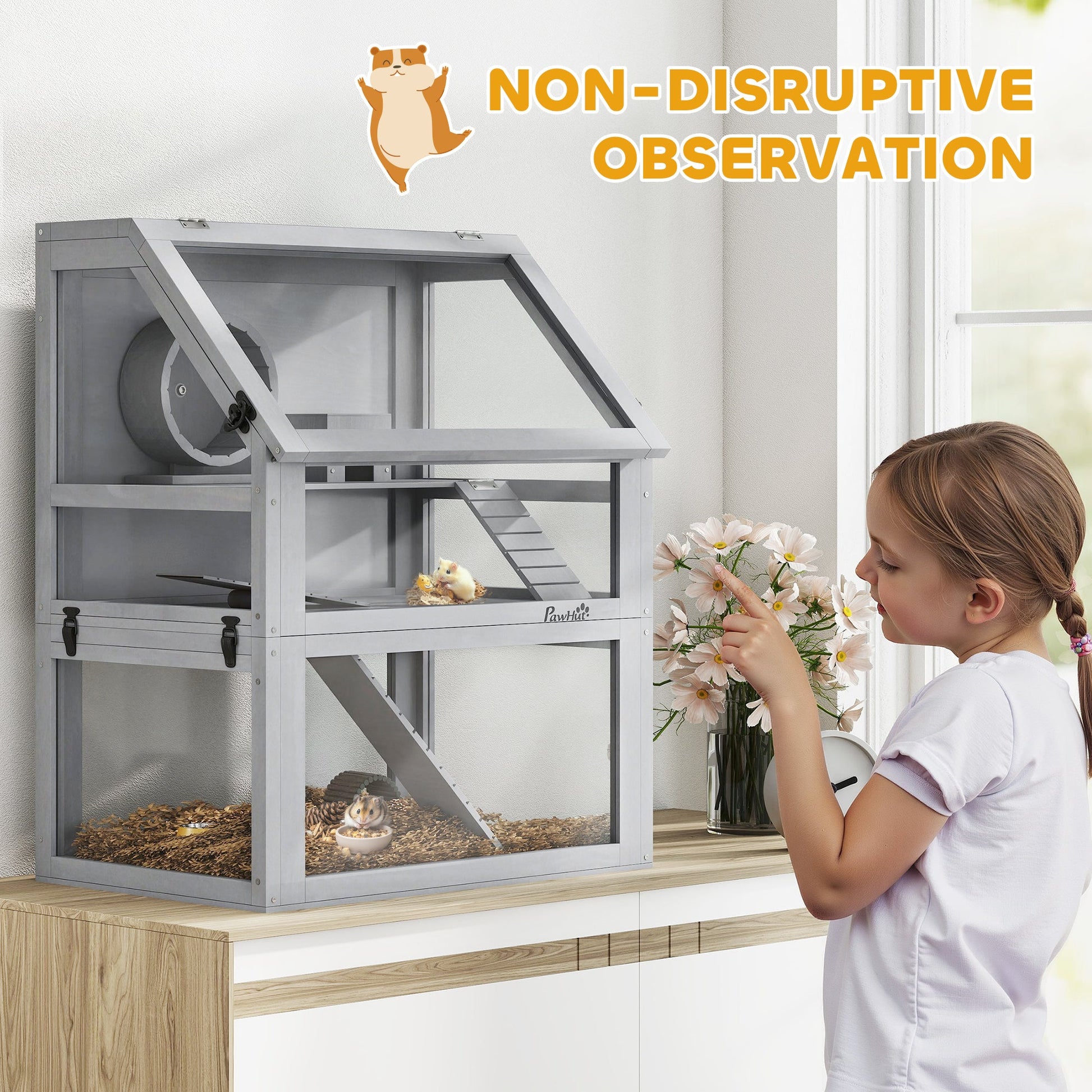 Wooden Hamster Cage, 3 Tier Gerbil Cage with Detachable 32cm Deep Bottom, Hut, Seesaw, Exercise Wheel, Ramps, Light Grey