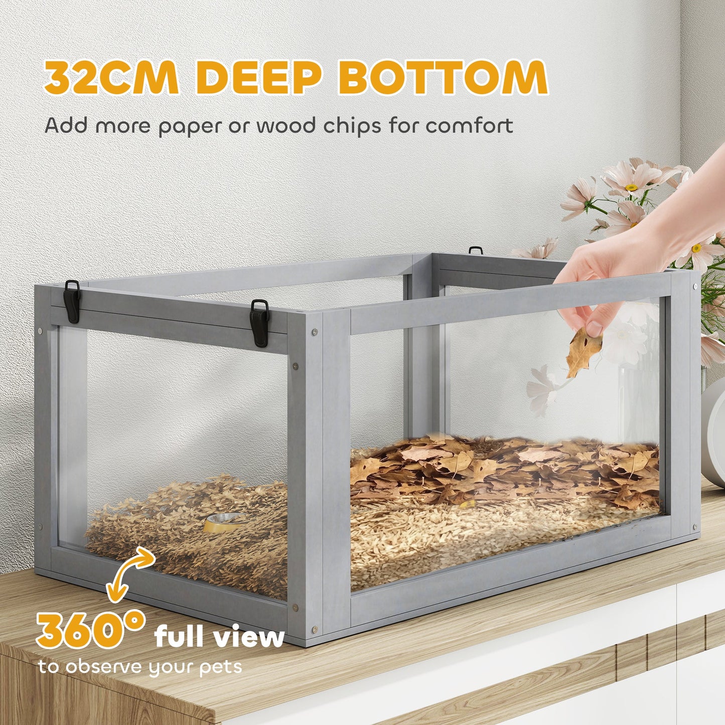 Wooden Hamster Cage, 3 Tier Gerbil Cage with Detachable 32cm Deep Bottom, Hut, Seesaw, Exercise Wheel, Ramps, Light Grey