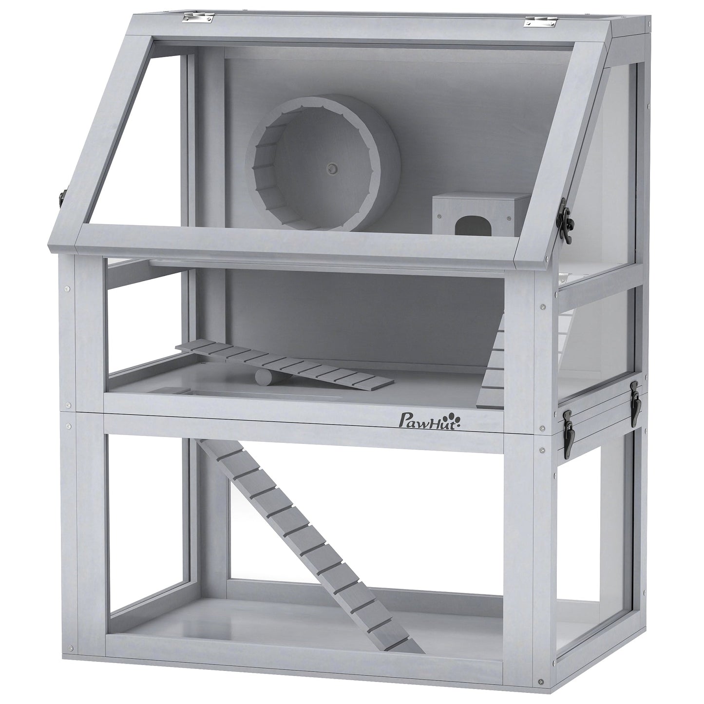 Wooden Hamster Cage, 3 Tier Gerbil Cage with Detachable 32cm Deep Bottom, Hut, Seesaw, Exercise Wheel, Ramps, Light Grey