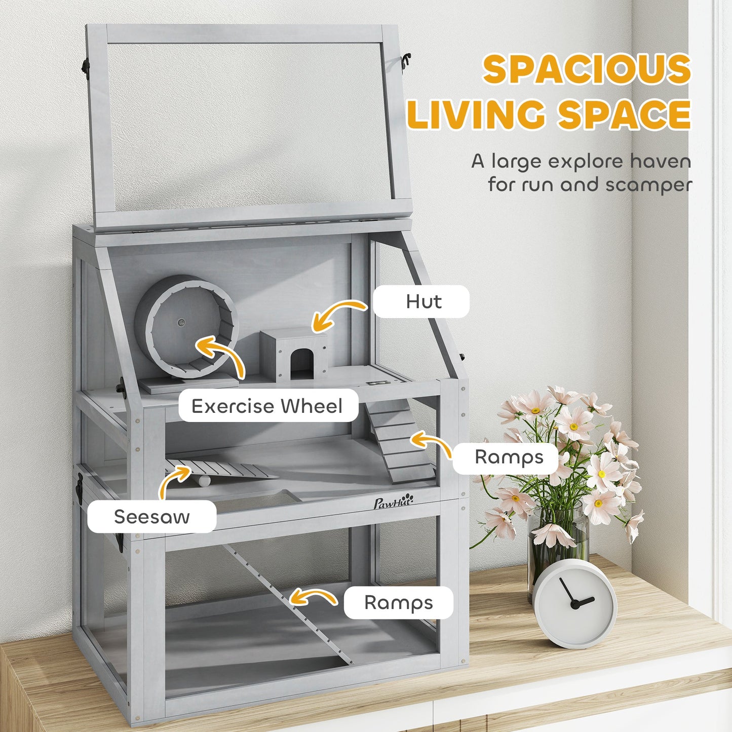 Wooden Hamster Cage, 3 Tier Gerbil Cage with Detachable 32cm Deep Bottom, Hut, Seesaw, Exercise Wheel, Ramps, Light Grey